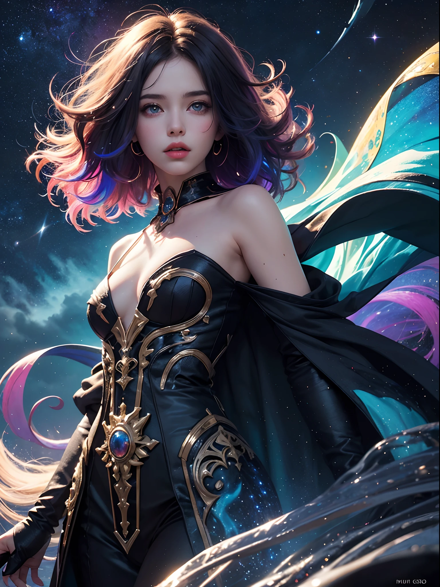 Unbeatable masterpiece, Ultra photo realsisim, Perfect artwork, Intricate details, Best quality, Strong light,High contrast,((Masterpiece)) , (((Best quality))) , ((Ultra-detailed)),((illustration)) , [realism light effect] , black shadows ,(Fantasy style) , (cloaks) ,(1girll), ((big slime hair),((full bodyesbian)), (Cloud hair):0.3) , (Hair background) , (High saturation) , (The hair is surrounded by galactic splashes) , )),((Her hair is turning into a galactic cloud:1.4) , (Hair and clothes are galactic clouds and star clusters:1.2) , (The cloak is turning into a galactic cloud)(colorful galaxy_print_clusters_af_stars_print:1.3), ((Detailed starry sky with colorful milky way and galactic clouds):1.2)):0.35] , (((Masterpiece))) , (((best qualtiy))) , ((Ultra-detailed)) , (illustration) ,(Dynamic Angle) , ((Floating)) , (Paint) , ((messy  hair)) , ((Beautiful detailed face)) , Collar , bareshoulders , ((Colorful hair)) , ((Striped hair)) ,Beautiful detailed eyes , (Gradient color eyes)((Colorful eyes))) , (((Colorful background))) , ((high saturated))) , (((Surrounded by colorful splashes)))((surrounded by colorful dot))) , colorful bubble , ((Shining)) ,