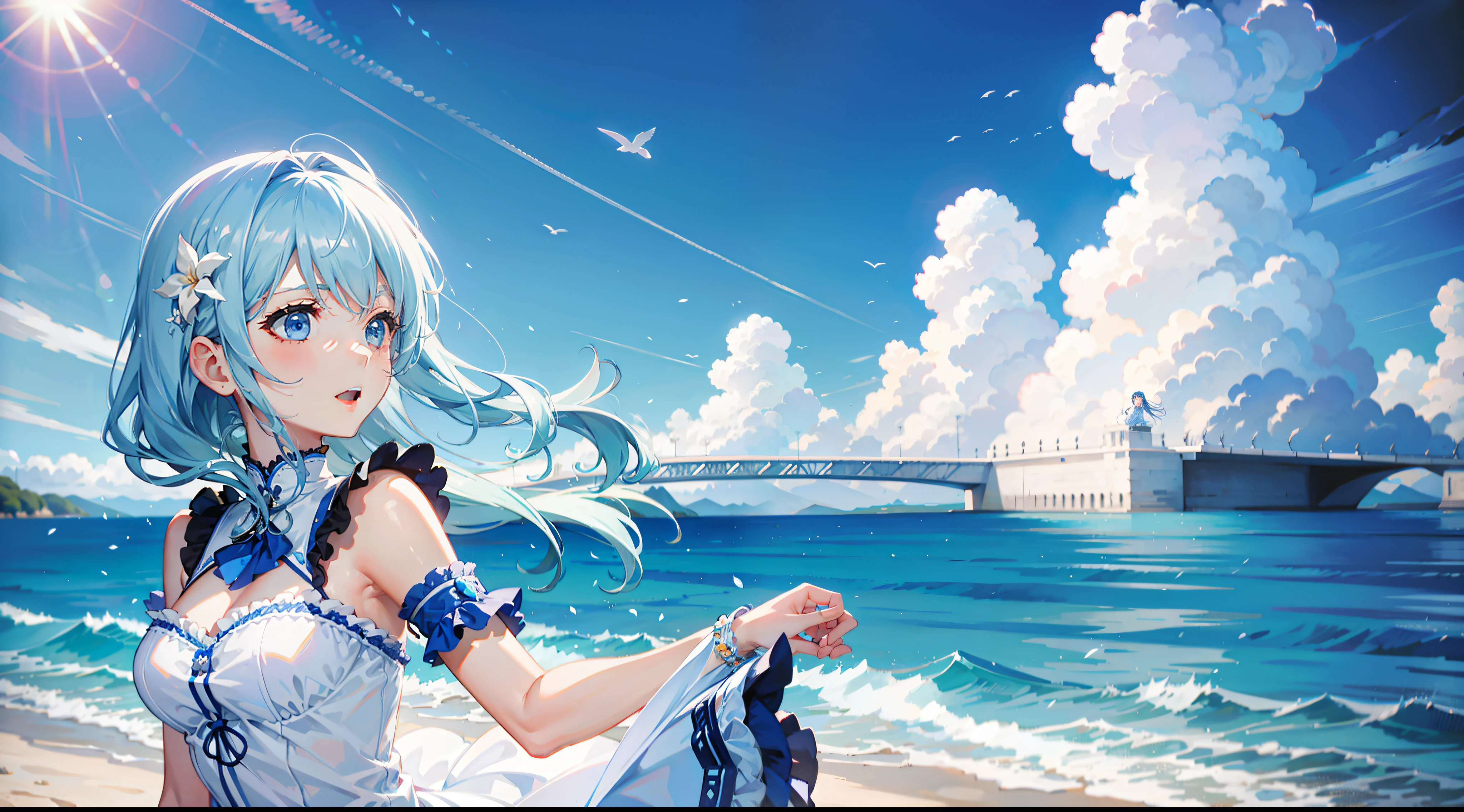 Under the blue sky and white clouds,The girl sings alone
