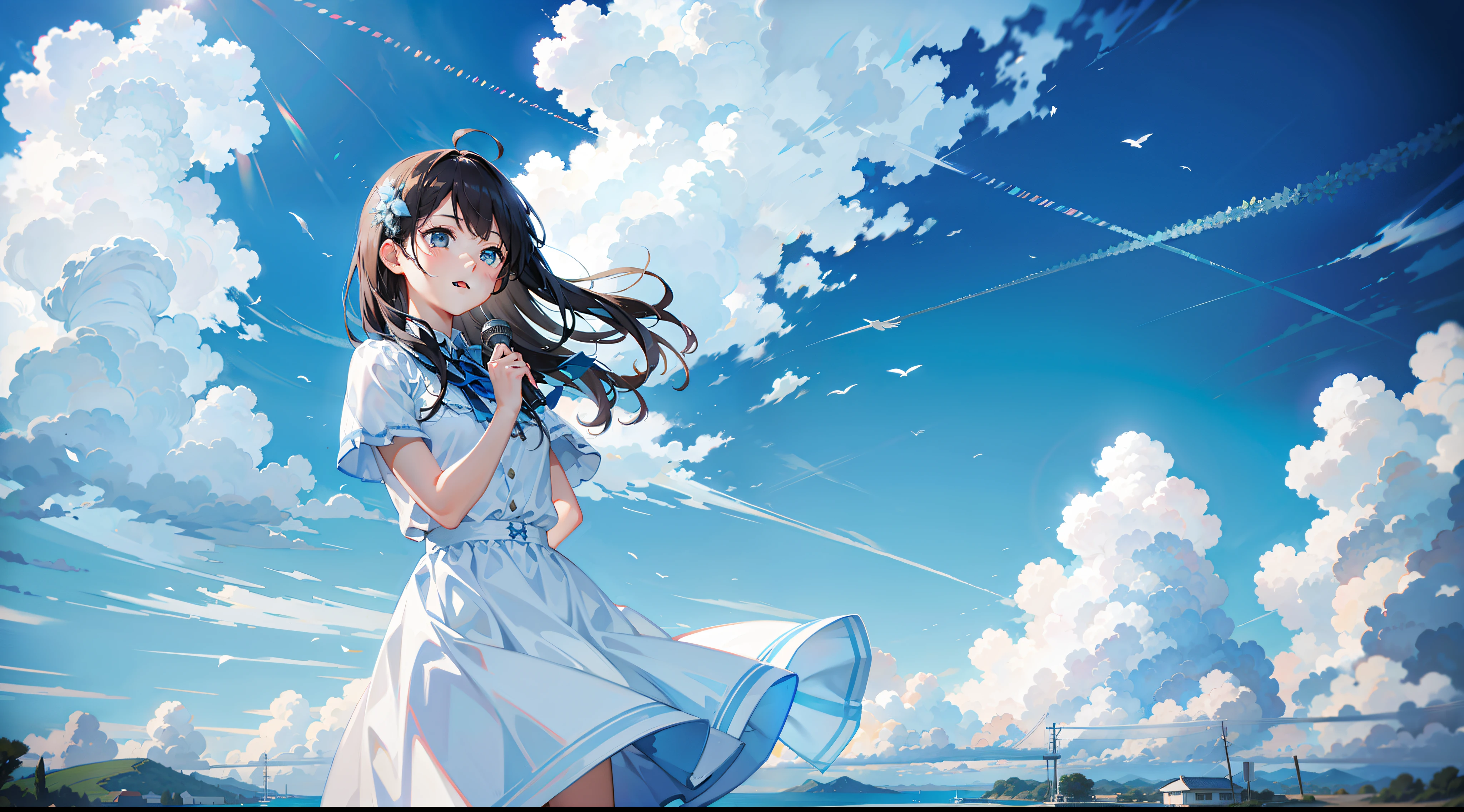 Under the blue sky and white clouds,The girl sings alone