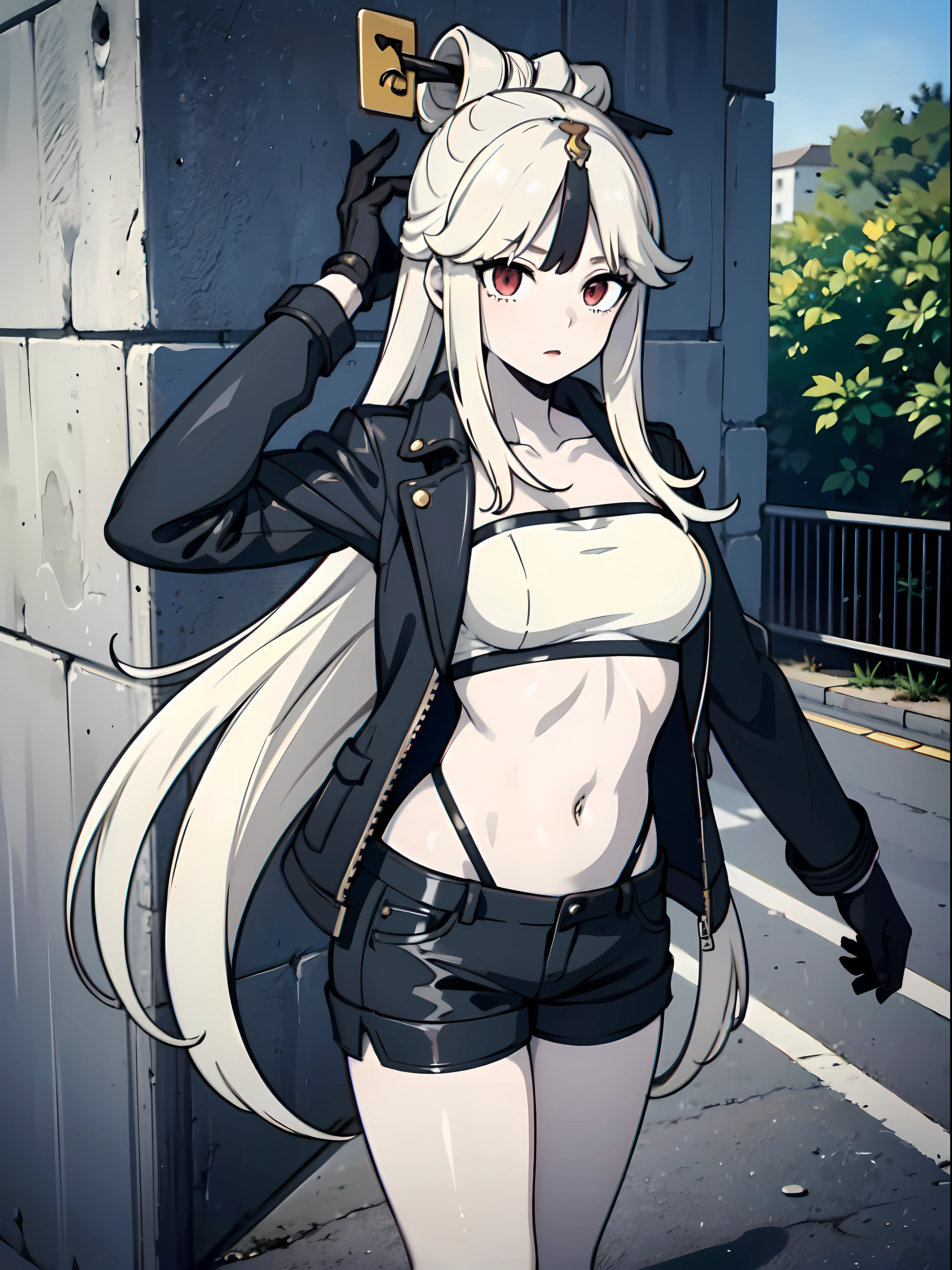 (masterpiece:1.2), (pale skin:1.2), (8k:1.2), (solo:1.2), (female:1.1), (emphasis lines:1.3), shorts, (leather jacket:1.1), (outdoors:1.2), white hair, long hair, (day:1.2), (upper shot:0.8)
