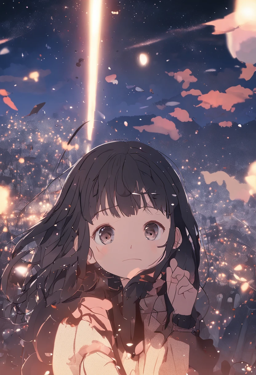 masterpiece、top-quality、Movie stills、1girl、Dark hair、parka、Cloud Girl、floating in sky、a closeup、发光、happiness、Warm soft lighting、starrysky、(Spark:0.7)