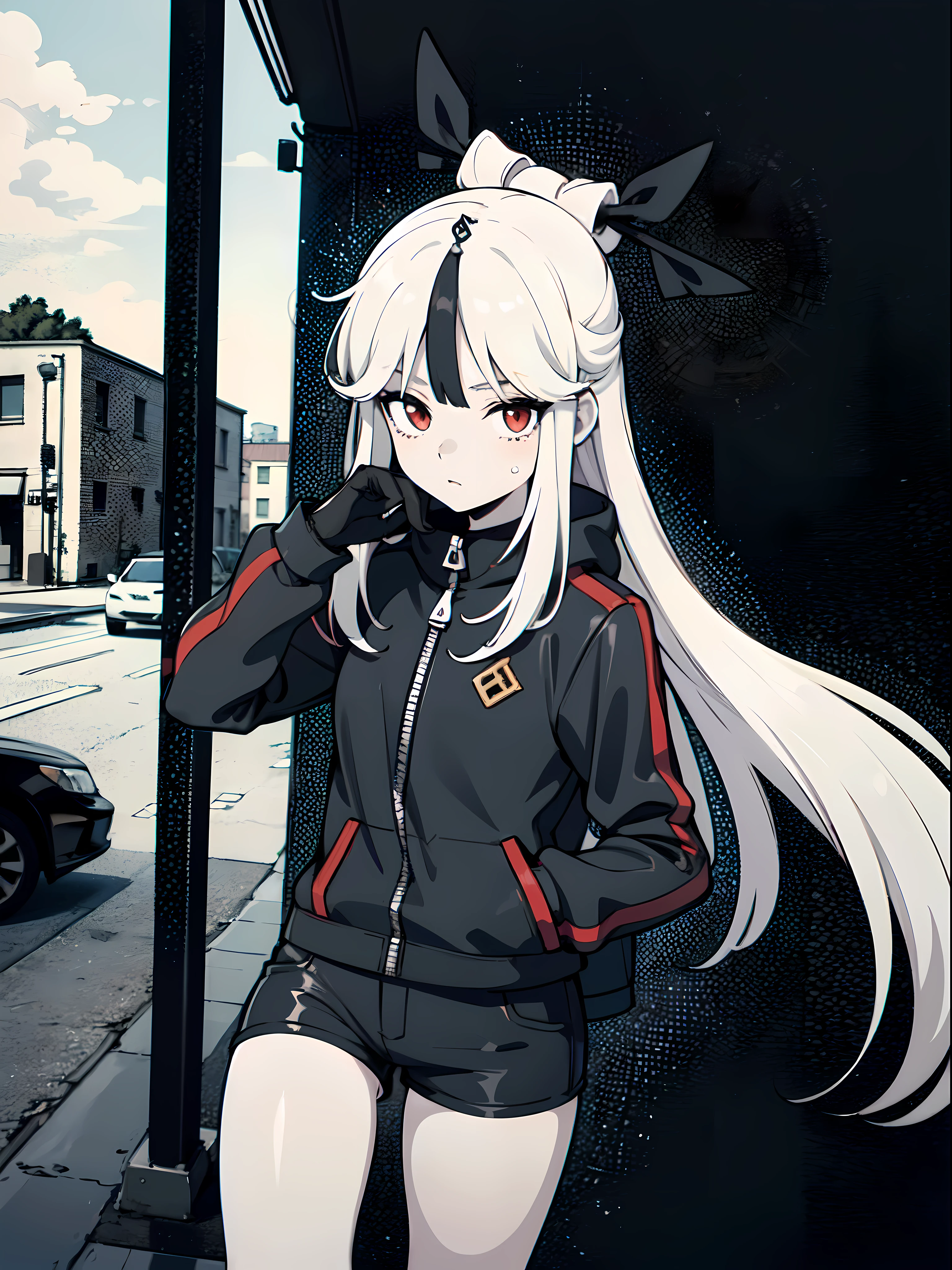 (masterpiece:1.2), (pale skin:1.2), (8k:1.2), (solo:1.2), (female:1.1), (emphasis lines:1.3), shorts, (leather jacket:1.1), (outdoors:1.2), white hair, long hair, (day:1.2), (upper shot:0.8)