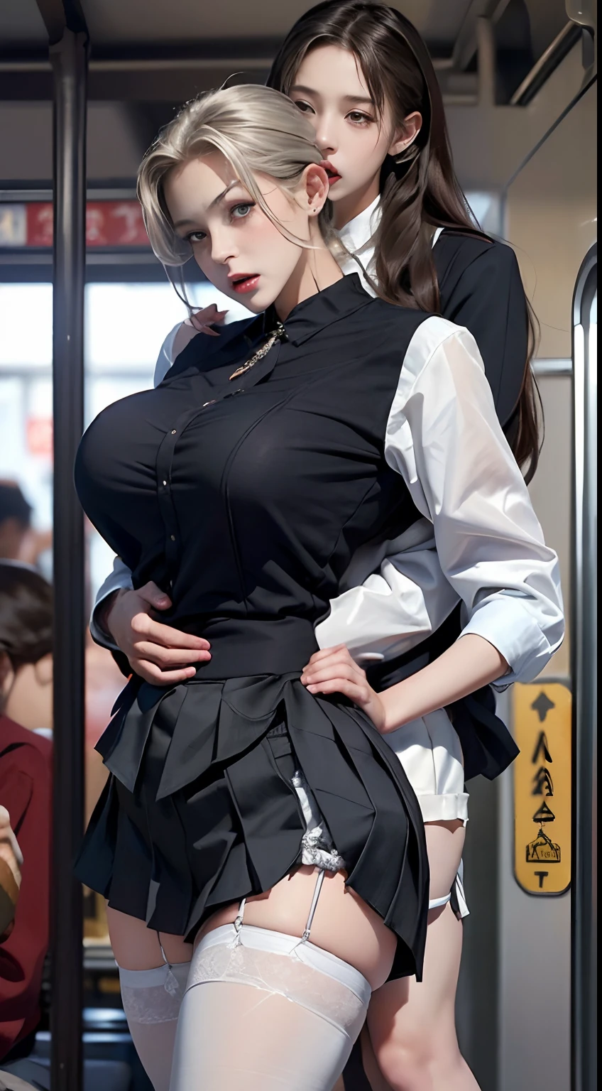 sfv, ((Realistic, Masterpiece)), (Very crowded subway train interior detailed scene), (Very crowded subway train interior detailed background), Stand crazy (Woman 1) Use sexy ((school uniform)), (((lifted skirt))), ((Big ass)), ((Thick)), ((3/4 white stockings)), (Fear expression), Be red in the face, Old skinny old ass touching woman 1 touching woman 1 touching woman from behind 1,(((very old ((Ugly) Skinny) (Old man black), (Poorly dressed) Press the chest against the woman's back 1))) and (((Hold her waist behind you)))
