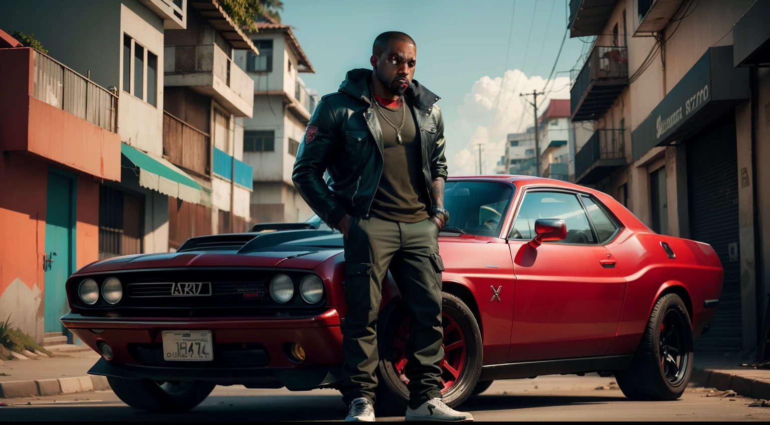 there is a man, gta personagem, Como o protagonista de GTA 5, gta v estilo, como um personagem gtav, Kanye West em GTA v, em gta v, gta5 estilo, gta v personagem, empunhando fuzil de assalto, gta 5 tom de pele negra, em GTA v, jaqueta vermelha,Fuzil AK-47, Fundo da favela do estilo brasileiro, e o personagem de cabelos vermelhos,Favela no Brasil, carro preto Dodge Challenger preto ,with Ak-47 rifle in hand, rifle in hands.