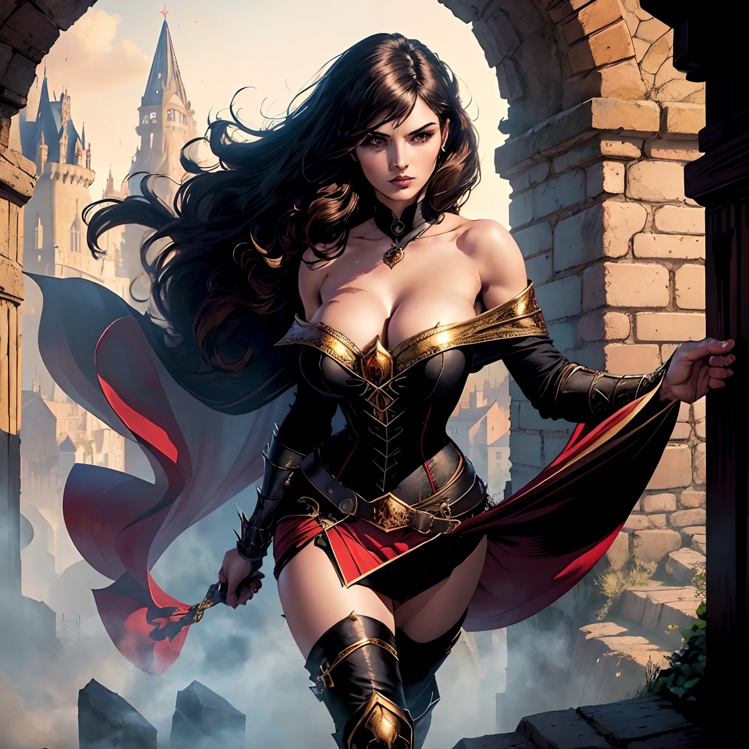 (masterpiece, top quality, best quality, official art, beautiful and aesthetic:1.2), (1girl:1.3), long and curly dark brown hair, extremely detailed, portrait, looking at viewer, solo, (full body:0.6), detailed background, close up, mischievous eyes, (warm summer castle theme:1.1), sorceress, charlatan, smirk, mysterious, walking in courtyard, revealing ((dark red)) sorcerer attire, red knee-length red skirt, off shoulder, straps, long sleeves, loose sleeves, cloak, corset, black leggings, black trousers, black pants, long brown boots, buckles, straps, pouches, glowing magical energy, casting a spell, red fabric, white trim, gigantic breasts, cleavage, skindentation, slim waist, slim hips, long legs, medieval (castle exterior:1.1) background, dark mysterious lighting, shadows, magical atmosphere, dutch angle, (((Balsamique)))