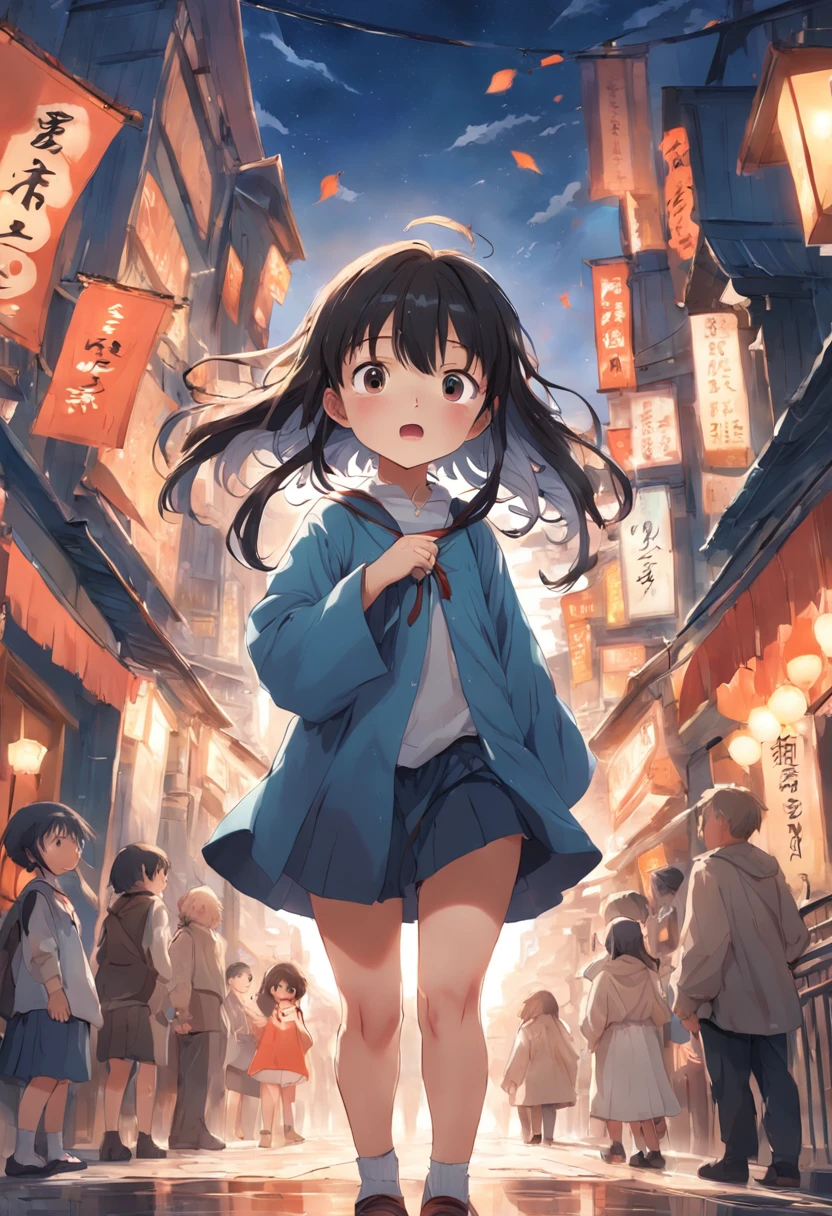 cute girl, Multiple pose and expressions, different angles, character seet, ghibli style, childrens book, --niji 5 --ar 16:9, illustration