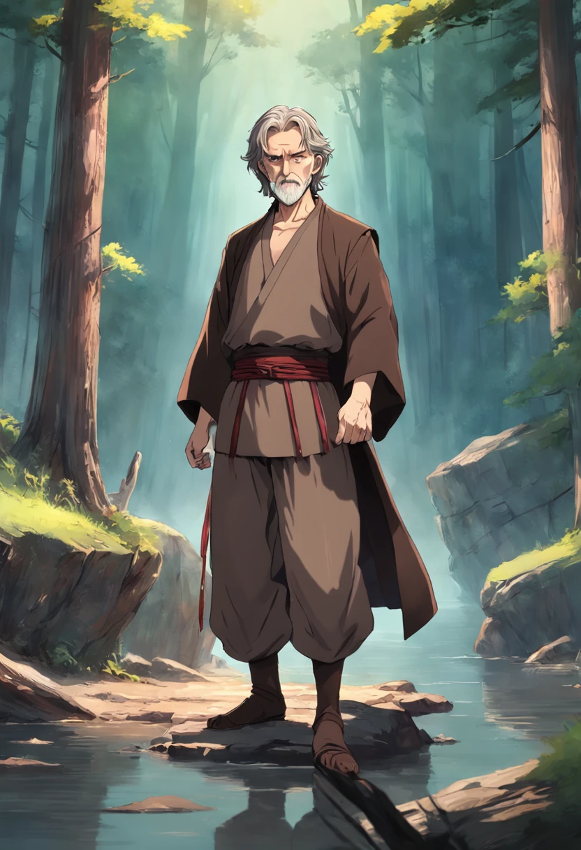 Old man, Anakin Skywalker, red eyes, medium gray hair, beard, brown shirt, brown pants, medieval clothes, portrait, forest and lake, day