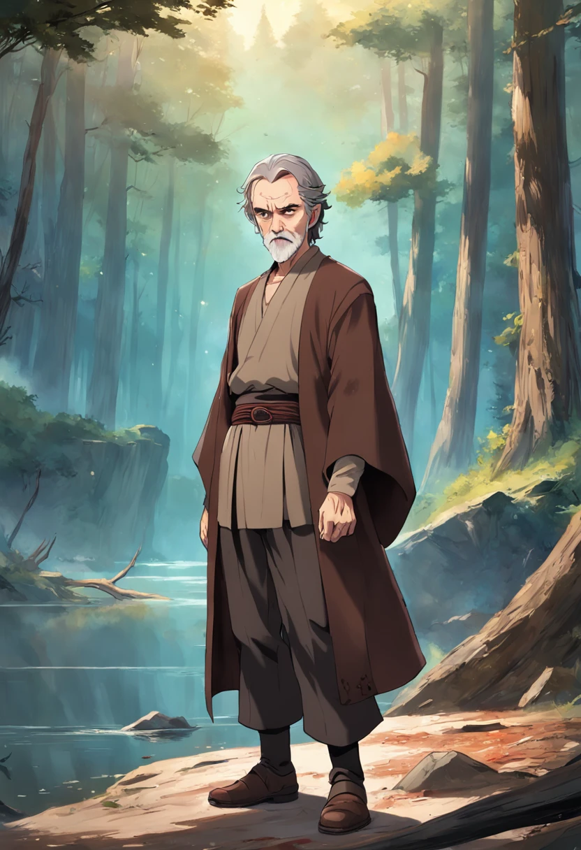 Old man, Anakin Skywalker, red eyes, medium gray hair, beard, brown shirt, brown pants, medieval clothes, portrait, forest and lake, day