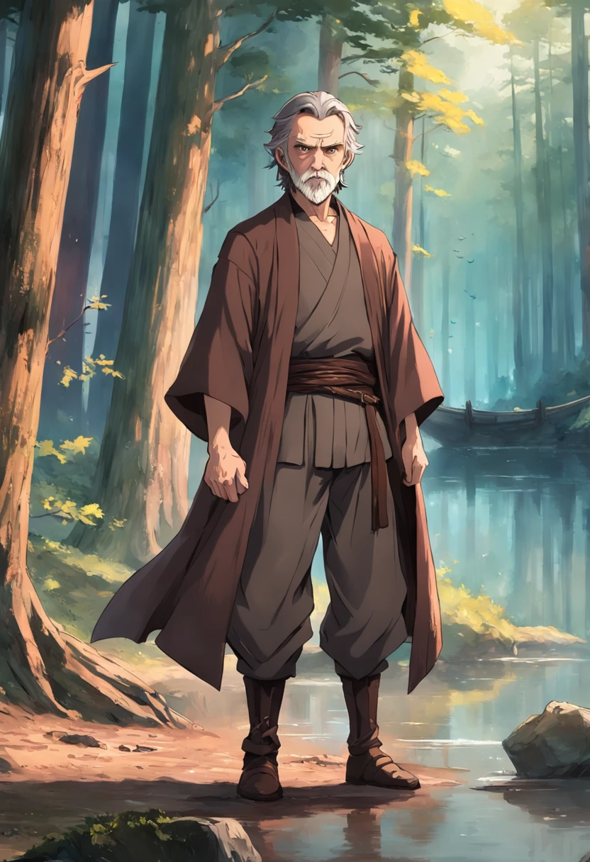 Old man, Anakin Skywalker, red eyes, medium gray hair, beard, brown shirt, brown pants, medieval clothes, portrait, forest and lake, day