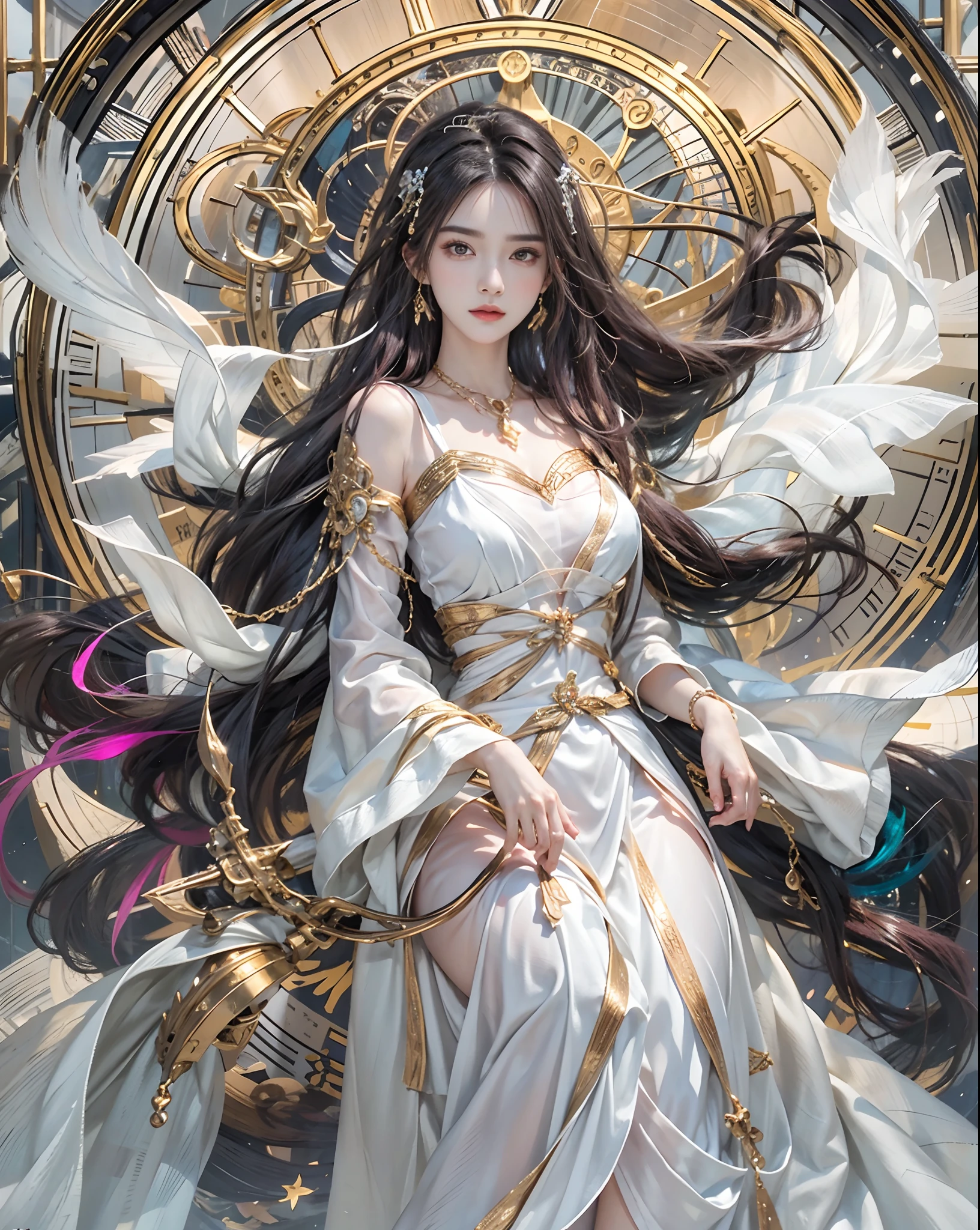 Official art、Wizard of Time、Use Time Magic to travel through time and space、Girl with the power of a magic wand、The background is reminiscent of the passage of time、Beautiful woman in white and black robes with open chest、PerfectNwsjMajic,(masterpiece、top-quality、top-quality、Official art、Beautifully Aesthetic:1.2)、(1girl in)、ighly detailed、colourfull、highestdetailed、Official art、Unity 8k壁纸、ultra-detailliert、Beautifully Aesthetic、Beautiful face in detail、masterpiece、top-quality、(Zentangle、a Mandala、Tangles、Entanglement)、Holy Light、pure、There are also resilient messages, Overcoming and hope. Breasts are small and B size、A slender、The chest is open、Eyes are double(A detailed eye), Beautifully detailed、Hair that flutters in the wind、Maroon Gradient Hair Color、Hair is white and black mesh color、high-heels、Gold Anklet、Large dial background、Beautiful girl walking on big dial、