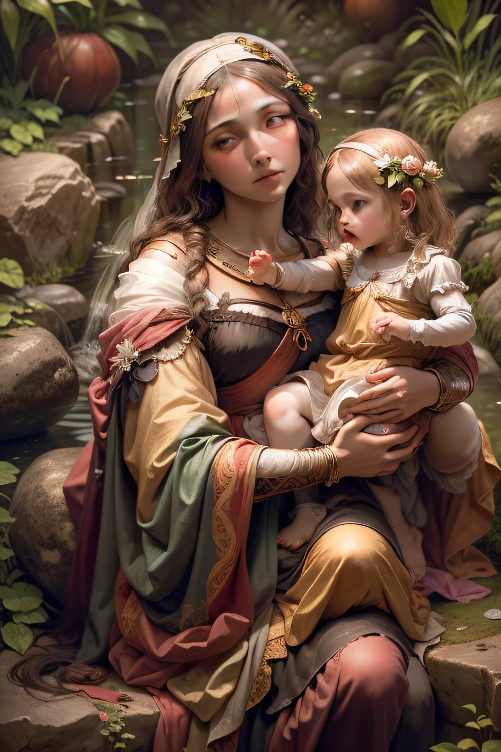 Leonardo Da Vinci water and stone, Madonna and , deluge, gardens, and artist technique, 64k resolution, photorealism, hyper detail, artistic perfection