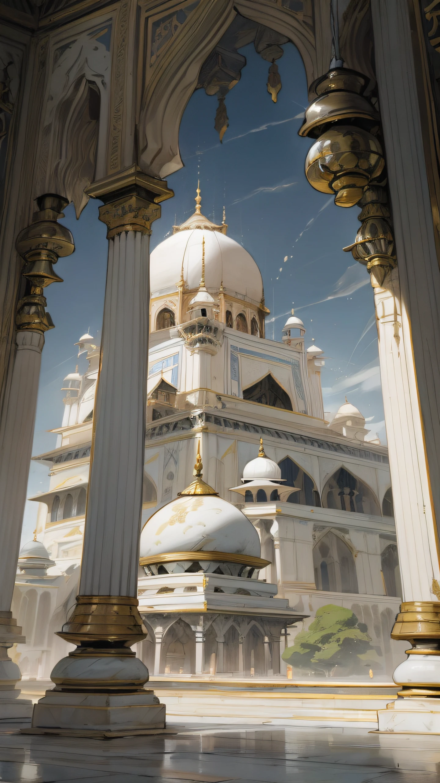 delicate scene,depth of field, 8K, The ivory sky,white clouds,and sunlight shine on the snow-white beautiful mosque