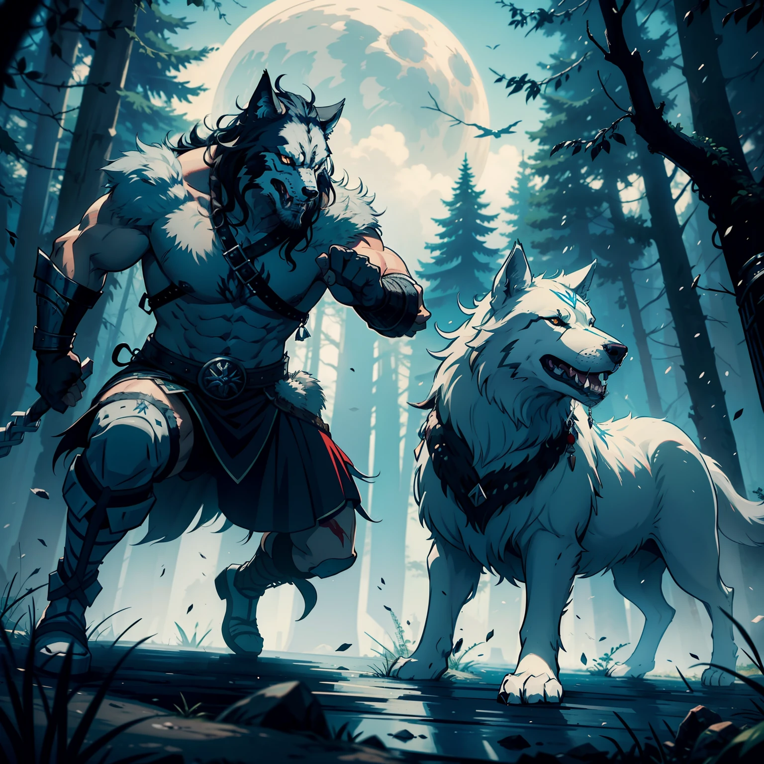 A Norse warrior fighting a gray wolf, Lobo, norse warrior, floresta, magica, sangue