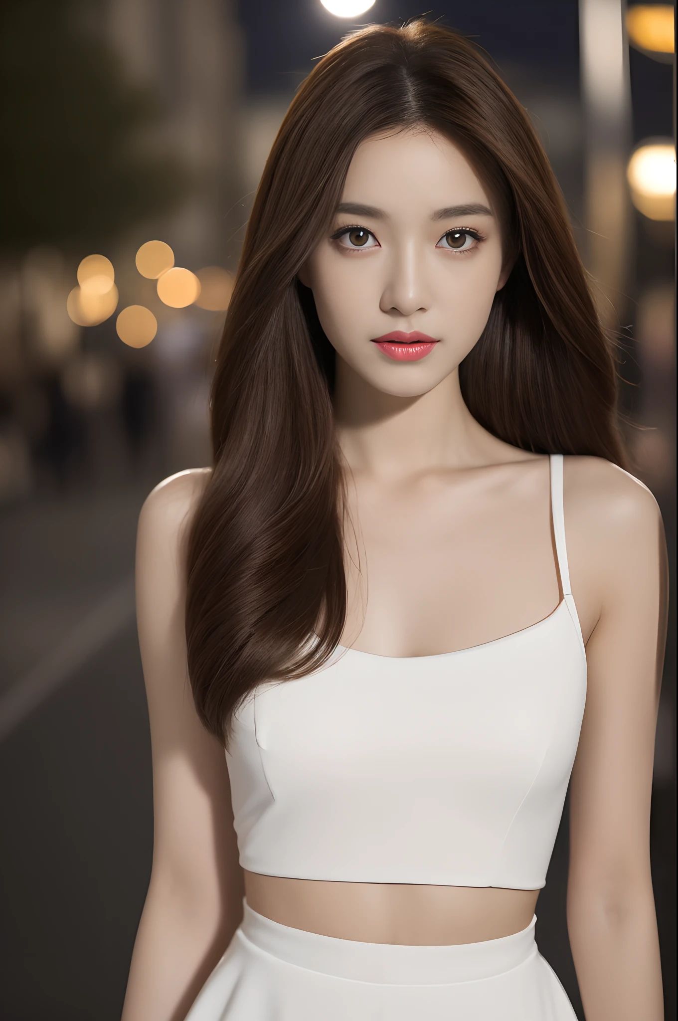 ((Realistic lighting, Best quality, 8K, Masterpiece: 1.3)), Focus: 1.2, 1girl, Perfect Figure: 1.4, Slim Abs: 1.1, ((Dark brown hair)), (White dress: 1.4), (Outdoor, Night: 1.1), City streets, Super fine face, Fine eyes, Double eyelids,