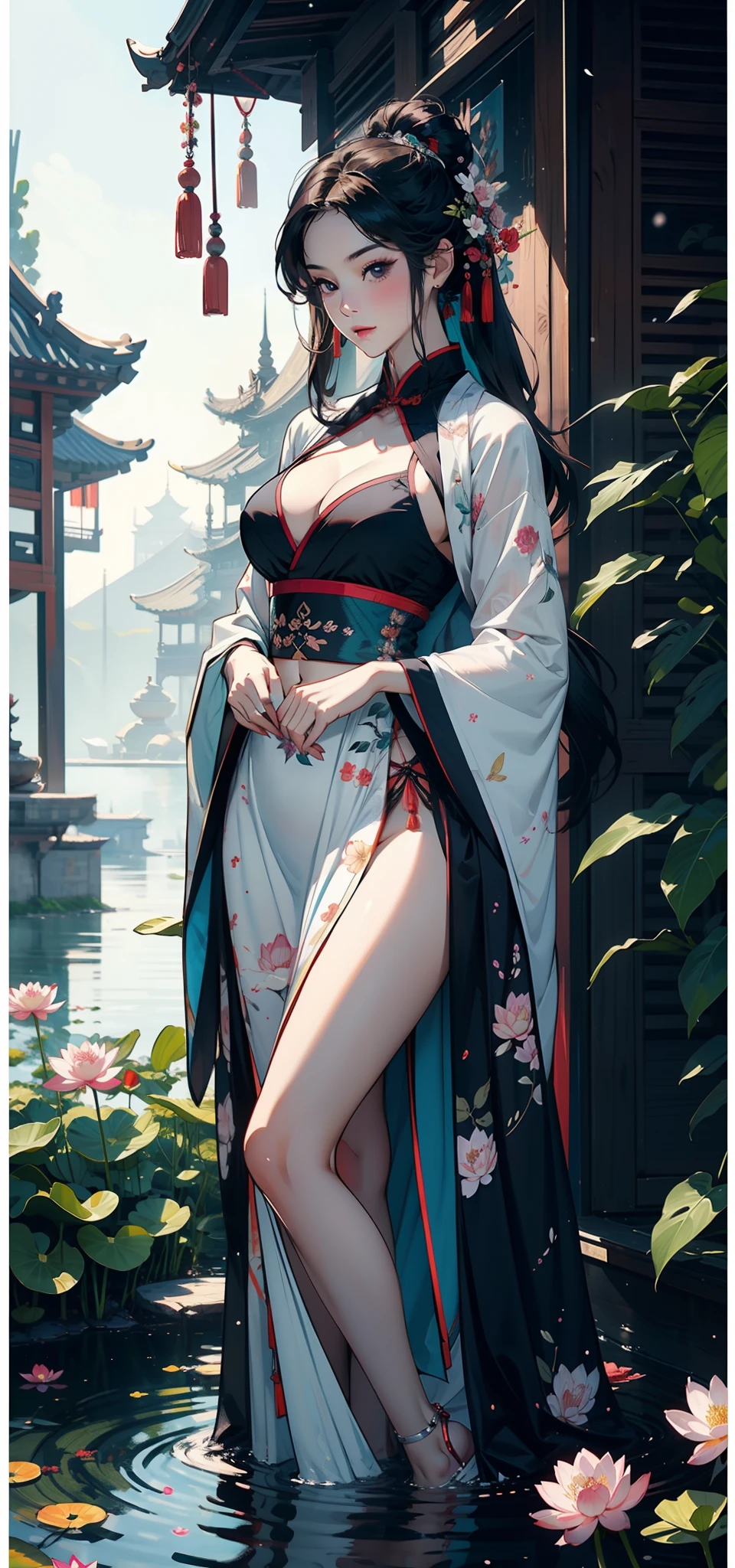 chinese paintings，Gongbi drawing style，ink，legends，Purple background，deep Purple，Dark tones，Pink big breasts，lotuses，foreground，lotus flower，Green bamboo vista，（snow landscape），（（Ancient Chinese white transparent Hanfu beauty standing in a sea of flowers smiling）），Melon seed face，Willow eyebrows，Cherry small mouth，（Black eyes），Gentle atmosphere，closeup cleavage，Perfect facial features，（The hair is meticulously depicted），（The face is carefully depicted），Works of masters，（The flowers are carefully depicted），super-fine，high qulity，A high resolution，The composition is perfect，（（tmasterpiece））Bigchest，Big breasts Thin waist，long leges，Buttock augmentation，Raised sexy，，Bare lower body，Bare breasts，nakeness，
