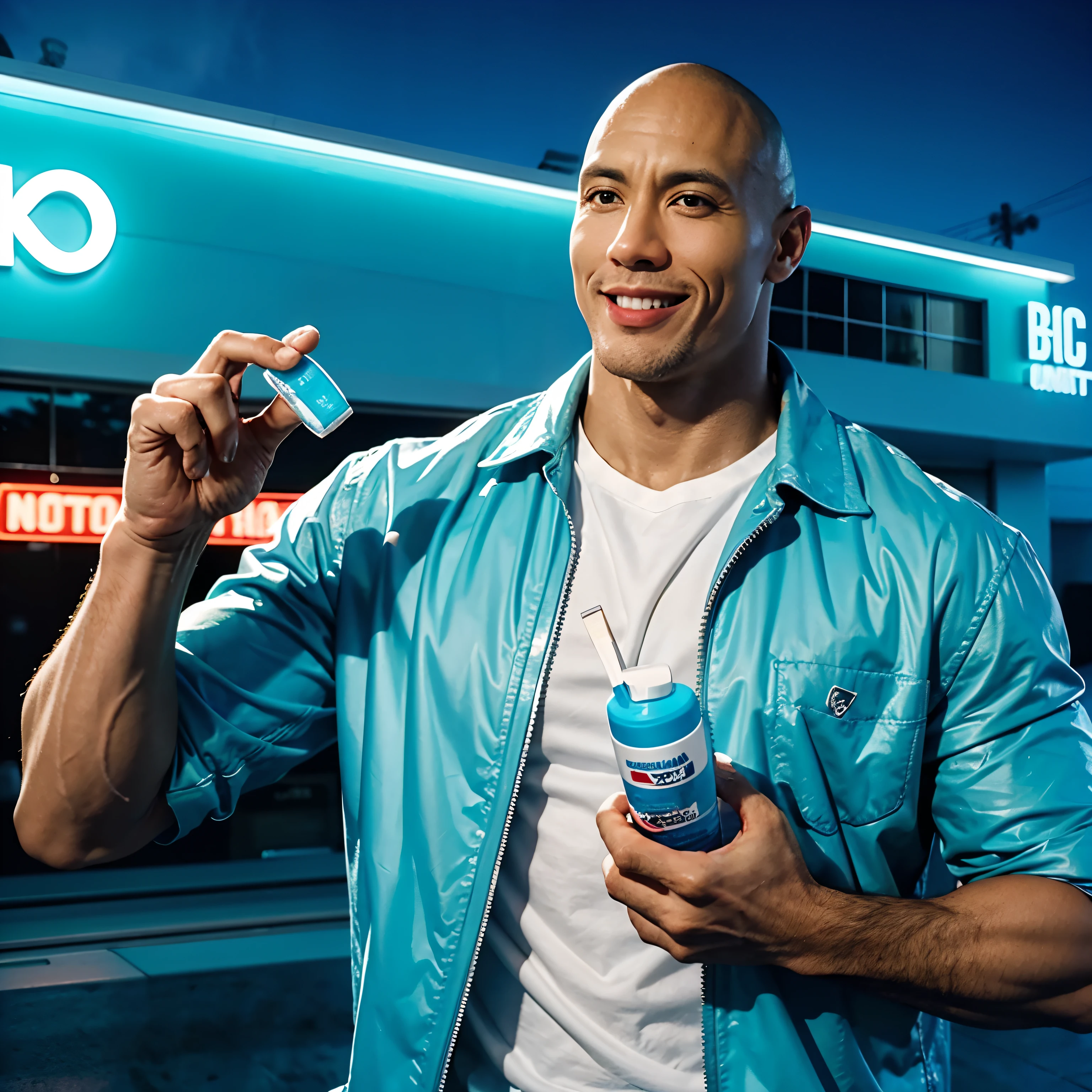 The Rock holding a toothbrush & a mouthwash in hand, inside of a dental hospital, miami vibe,bright color, detailed, movie lighting, branding, 4k, hyper realistic,happy face, smiling