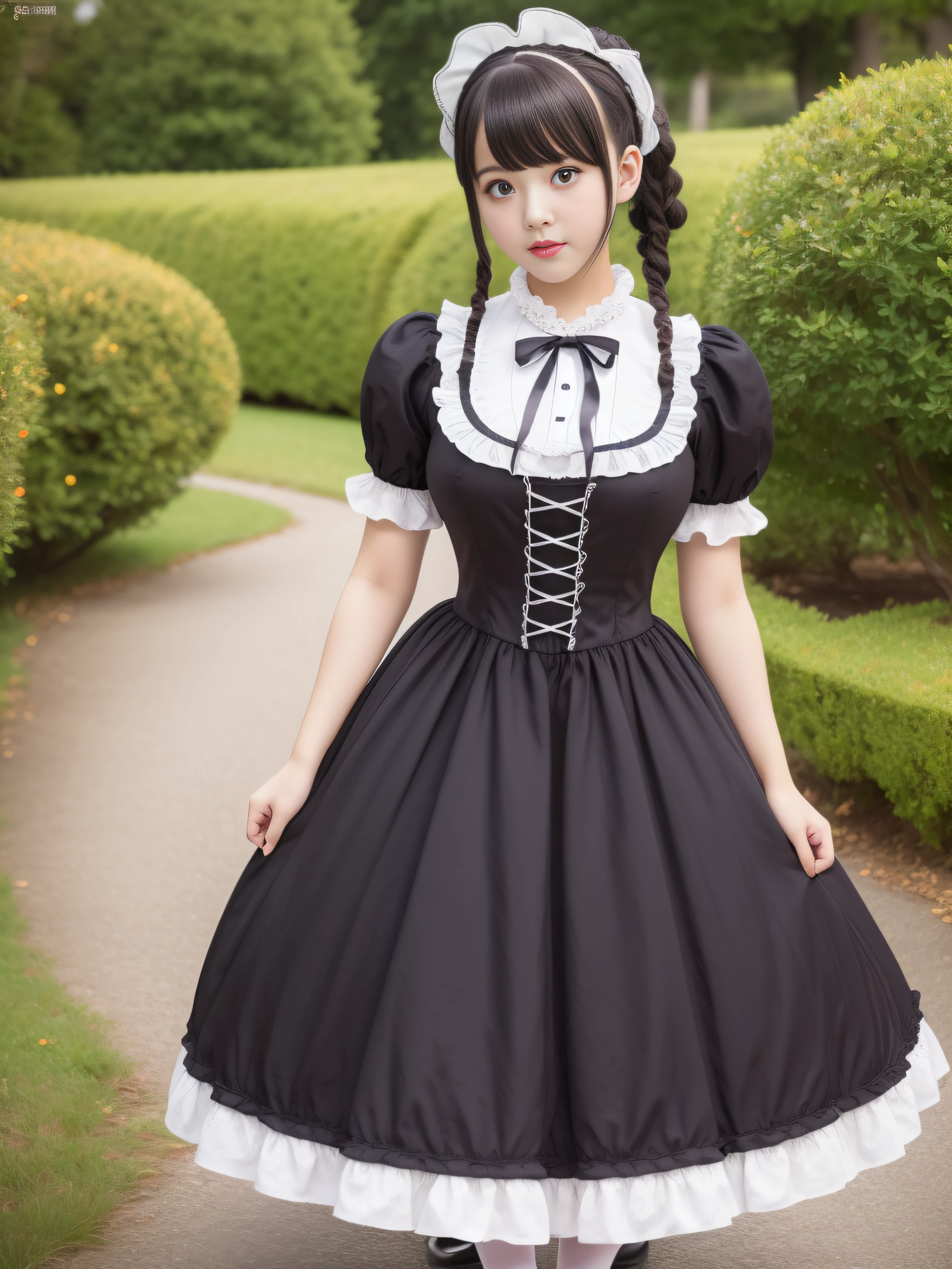 (ultra-detailliert), Cute princess dresses in black color,(frilly dress),(shortsleeves),Blue eyes,The upper part of the body、a closeup、faces、(A smile:1.1),(facing front:1.2), 20yr old, teens girl,no tail,(no tail),2D, ​masterpiece, top-quality, animesque, A detailed eye, A detailed face, girl with, Only 1 person,Brown Hair Medium Hair, (Brown hair),  Ear Hair, small tits, Single braid, (Single braid), (Side braid), Pink ribbon, Ribbon around the neck, (White sleeves), Background bokeh