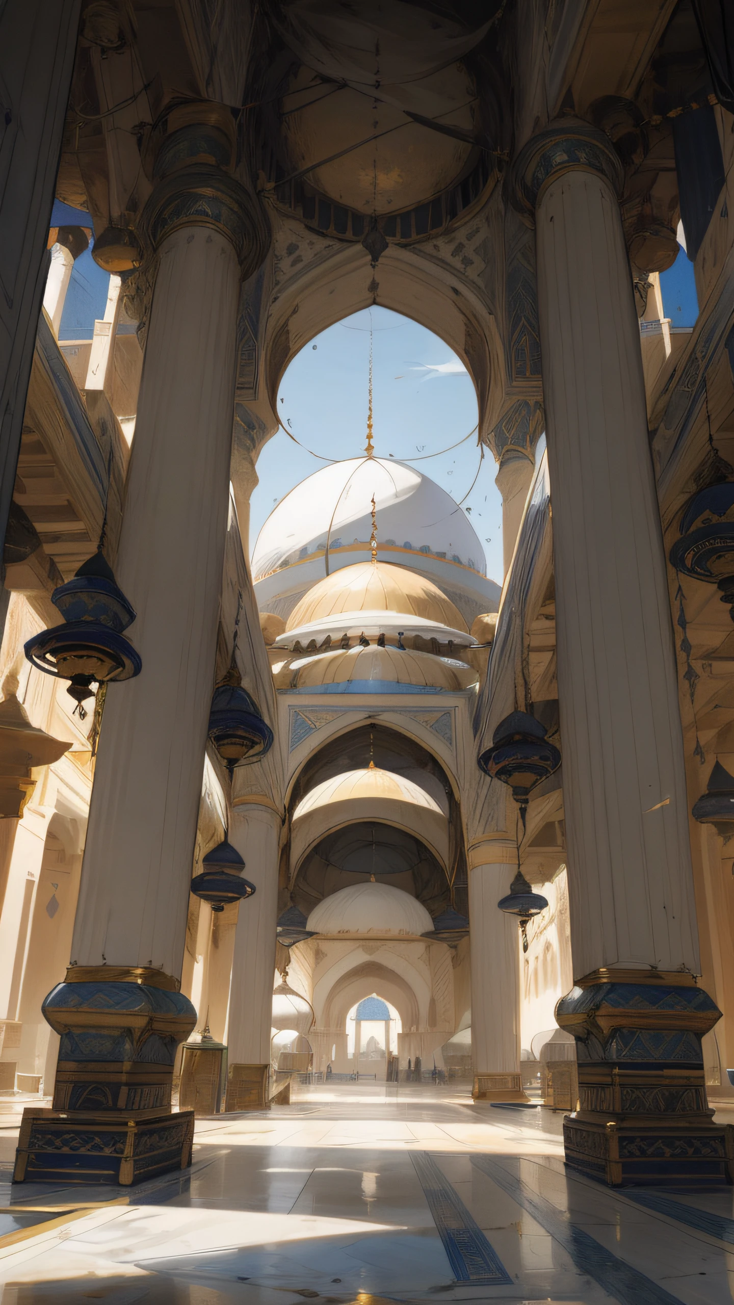 araffes in a large building with a dome and pillars, islamic interior design, islamic architecture, arabic architecture, mosque interior, arabian art, islamic art, moroccan mosque, with beautiful mosques, global intricate, mosque, with great domes and arches, light above palace, beautiful concept art, mosque interior, in a futuristic desert palace, domes