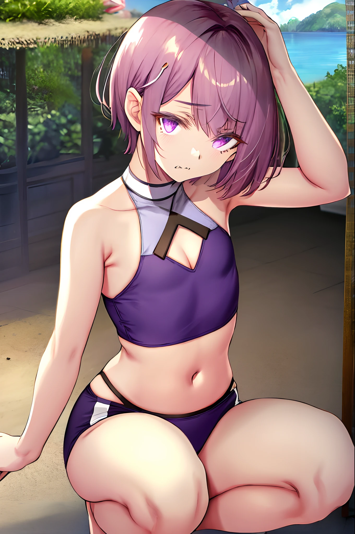 , masterpiece, best quality, highres, 1girl, solo, fang, skin fang, short hair, (mole on thigh:0.8), bangs, hair behind ear, purple eyes, hair ornament, emotionless, beach, squatting, small chest, short height, little girl, flat chest, small, cleavage, ((bare shoulder)), exposed, loose shirt, navel, presenting armpit