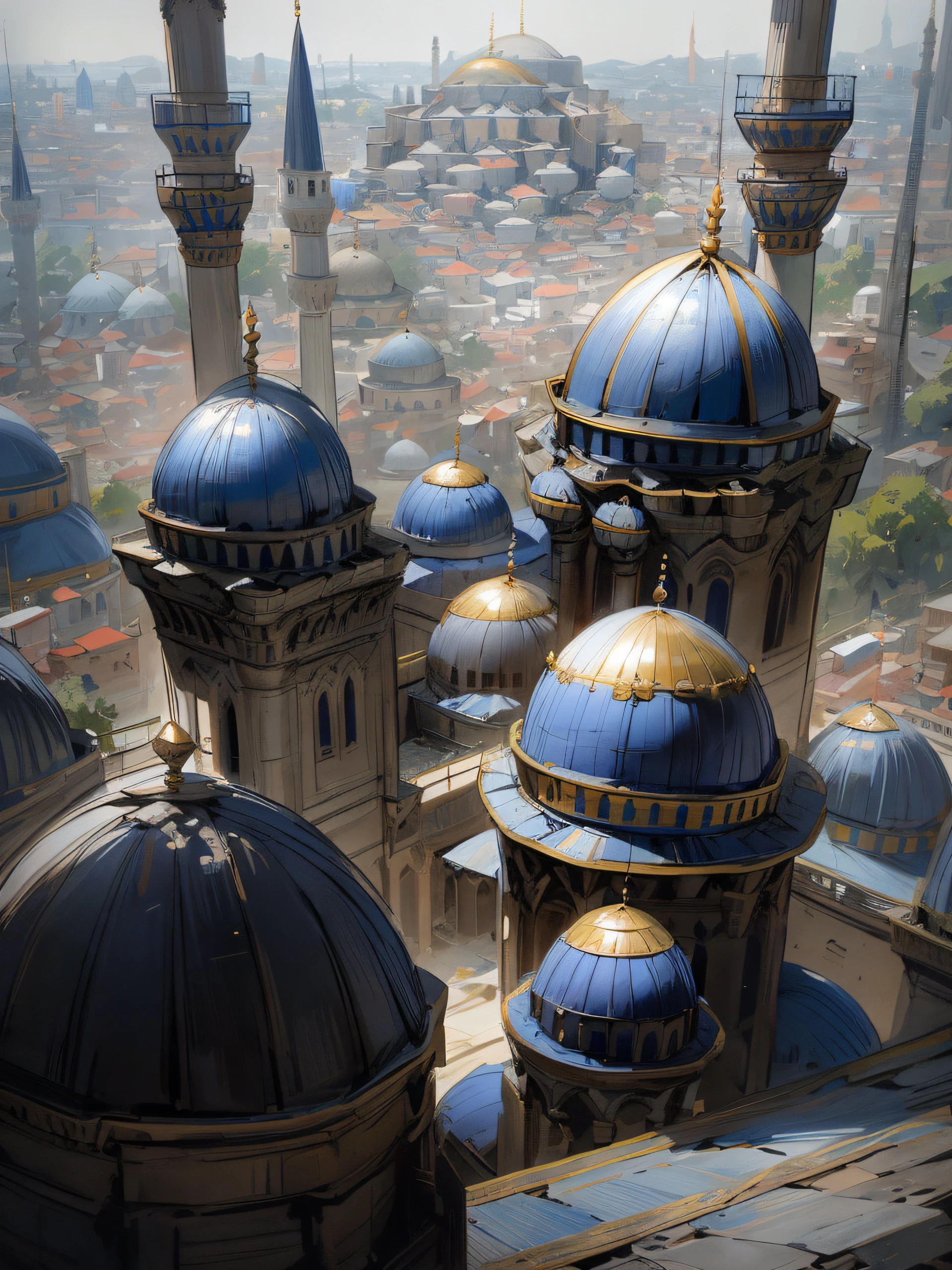 arafed view of a large building with a blue dome, istanbul, with beautiful mosques, mosque, ottoman sultan, turkey, surrounding the city, fallout style istanbul, islamic architecture, with great domes and arches, viewed from afar, black domes and spires, ottoman empire, in a city with a rich history, round buildings in background