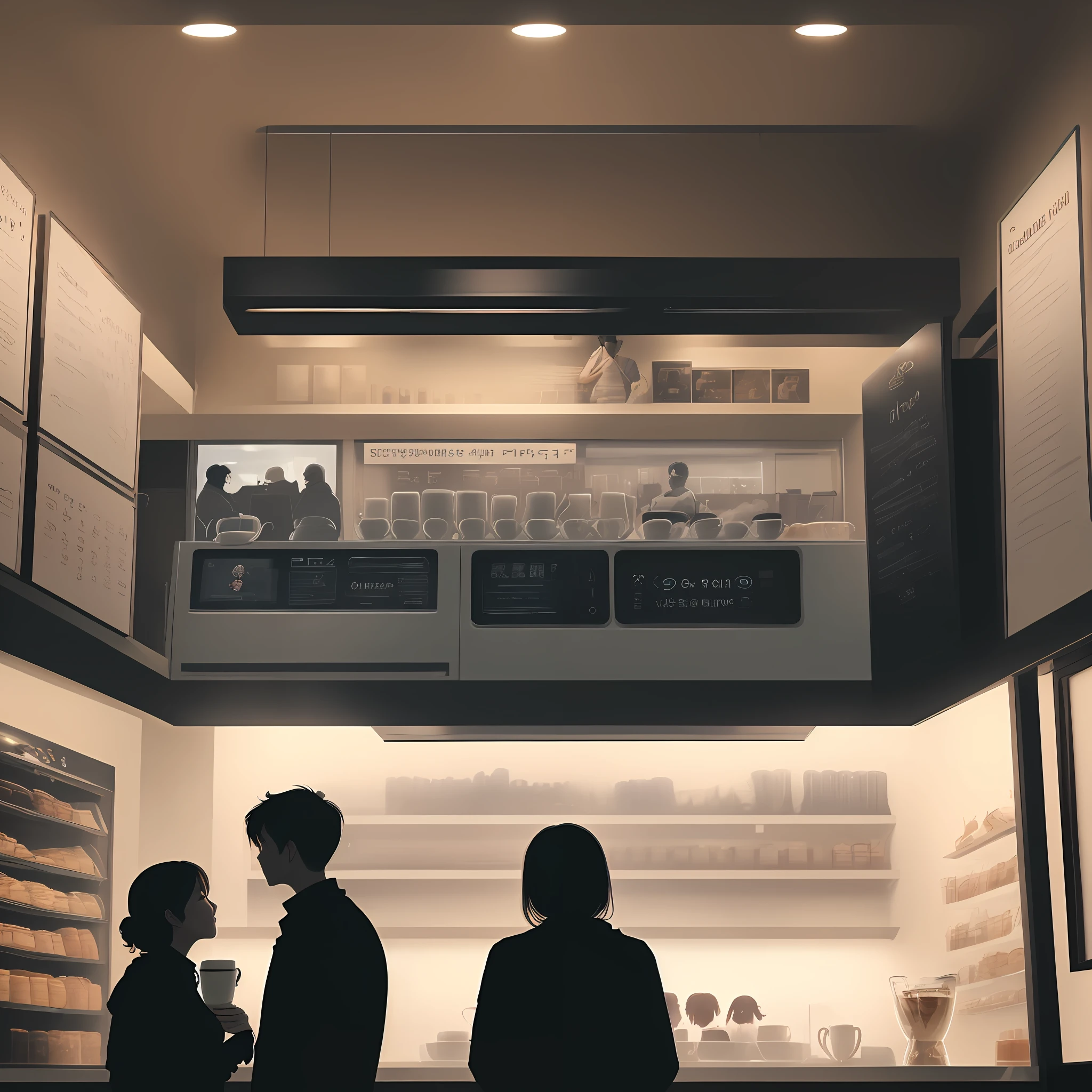 ((Two men and two women))、(Silhouette of active conversation)、(4K)、(Live-action)、Calm coffee shop