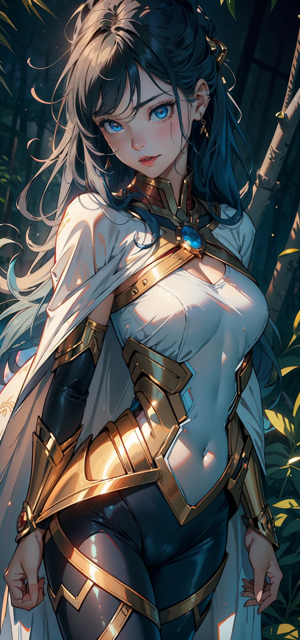 1female,,bit girl,Small loliornographic exposure, 独奏,(Background with:ln the forest,the rainforest,in summer) She has long blue hair,standing on your feet,Sweat profusely,drenched all over the body,seen from the front, hair straight, mostly cloudy sky,(((tmasterpiece),(Very detailed CG unity 8K wallpaper),best qualtiy,cinmatic lighting,detailed back ground,beatiful detailed eyes,Bright pupils,blue color eyes,Redlip(Very fine and beautiful),(Beautiful and detailed eye description),ultra - detailed,tmasterpiece,)),facing at camera,A high resolution,ultra - detailed),revealing breasts,Bare genitalia, Lower body elevation,Raised sexy,Camel toes,Flushed complexion,Open-mouthed,frontage,Gold Saint Seiya,Supergirl(Wearing:Iron Man uniform,White cloak,black colored leggings,Red loose shirt),