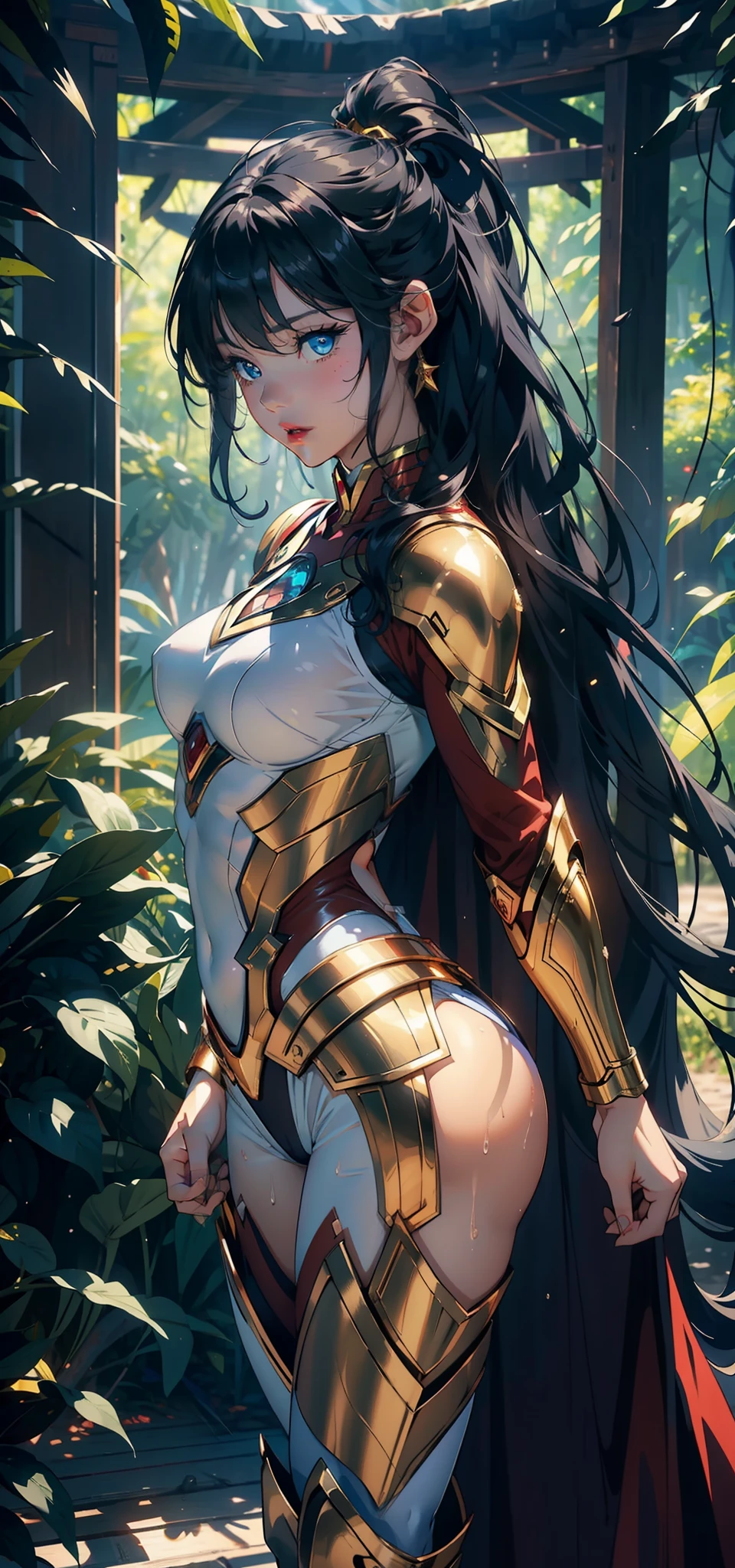 1female，，bit girl，Small lolinographic exposure， 独奏，（Background with：ln the forest，the rainforest，in summer） She has long blue hair，standing on your feet，Sweat profusely，drenched all over the body，seen from the front， hair straight， mostly cloudy sky，（（（tmasterpiece），（Very detailed CG unity 8K wallpaper），best qualtiy，cinmatic lighting，detailed back ground，beatiful detailed eyes，Bright pupils，blue color eyes，Redlip（Very fine and beautiful），（Beautiful and detailed eye description），ultra - detailed，tmasterpiece，）），facing at camera，A high resolution，ultra - detailed），revealing breasts，Bare genitalia， Lower body elevation，Raised sexy，Camel toes，Flushed complexion，Open-mouthed，frontage，Gold Saint Seiya，Supergirl（Wearing：Iron Man uniform，White cloak，black colored leggings，Red loose shirt），