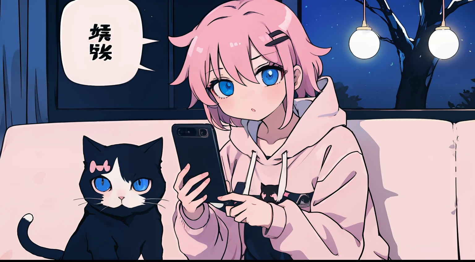 anime girl with short pink hair pink hoodie chocker hairclip black legwear blue eyes, with a white cat sitting indoors using phone