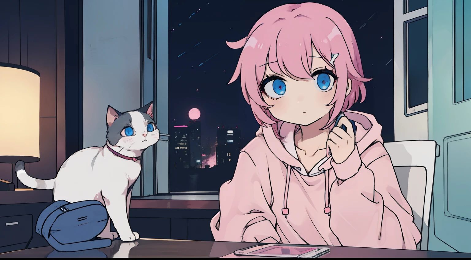 anime girl with short pink hair pink hoodie chocker hairclip black legwear blue eyes, with a white cat sitting indoors using phone