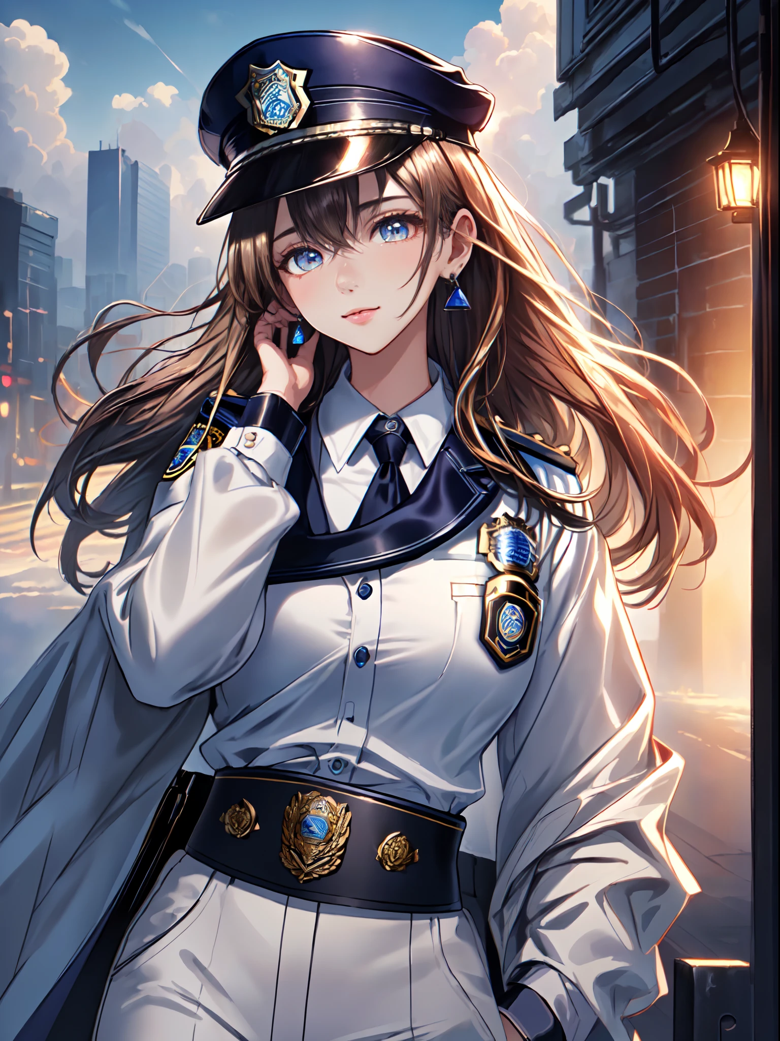 ((masterpiece+best quality+high resolution+illustration1.3+ultra 8k)), 1girl, ((detailed body)) ((attractive face)) ((long nose)), police dress, police cap, police logo on her shirt, outdoor, fantasy cloud, cloudy background, detailed body, long hair, sharp eyes, detailed eyes, ((detailed shadow)), lighting, detailed, focus, earrings, hnd detailed