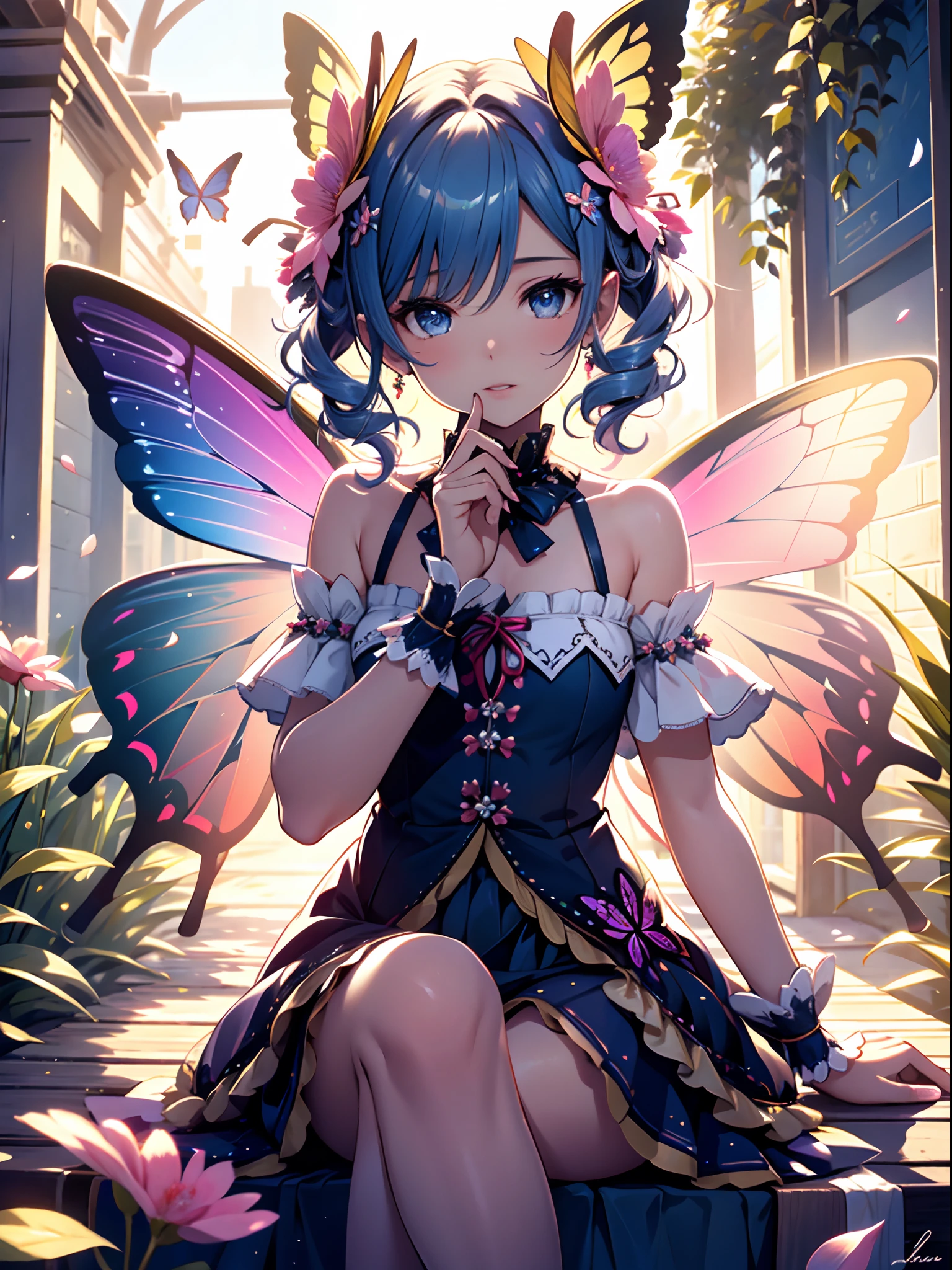 a flower little fairy are playing. are wearing Skirt with petal design, ruffled sleeveless off-shoulder, w-siting Flower field, natural light,(Best quality), (masterpiece:1.3), ultra-detailed, (realistic), (photorealistic), butterfly_wings,