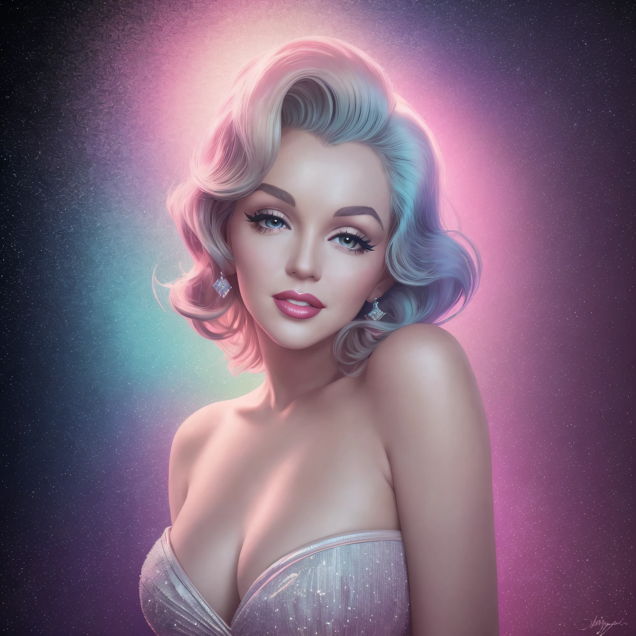 'close the portrait of Marlyn Monroe in sensual costume, sexy pose, hyper realistic, pastel colors, complementary colors, soft colors, vibrant colors, dramatic colors, vapor wave, retrowave, black and white, colorful, artochrome, highly detailed, 4k --auto --s2