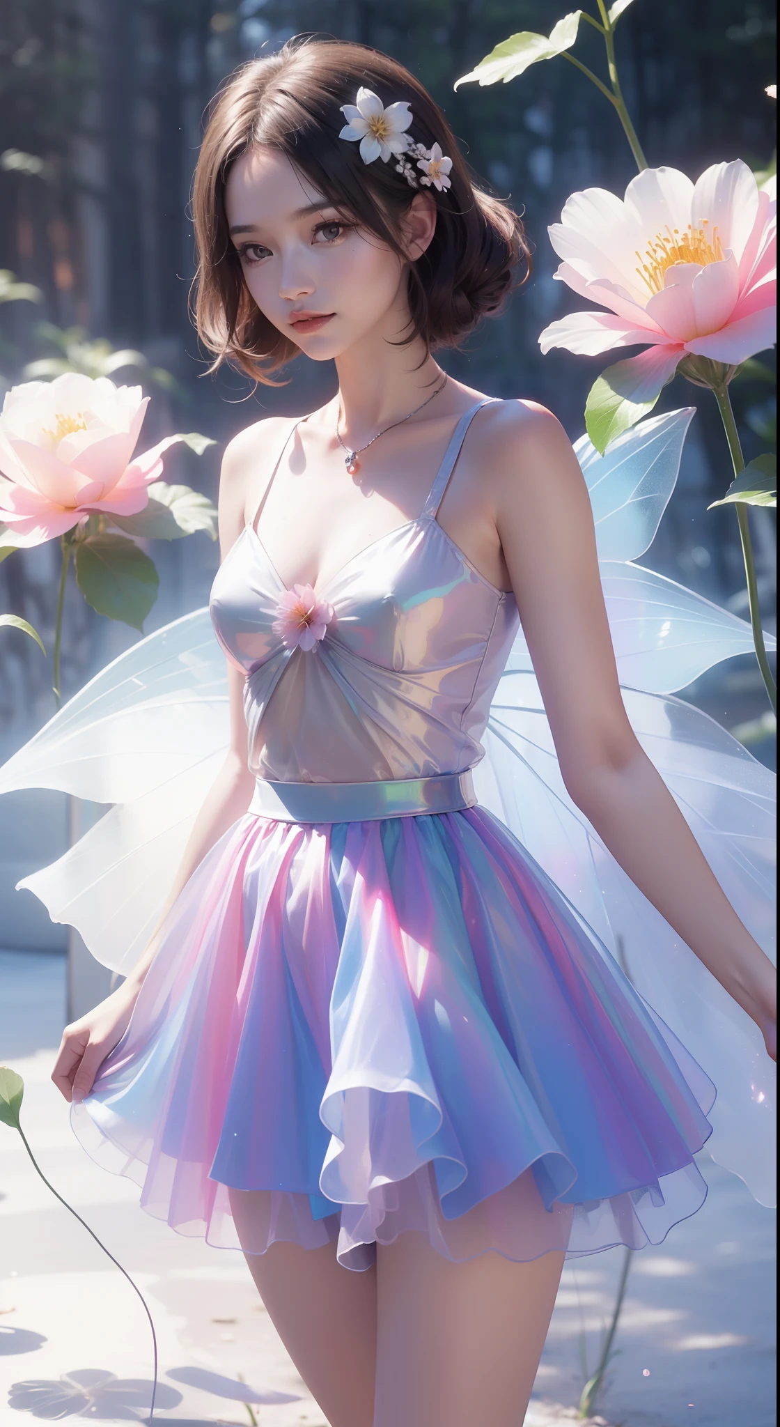 (((A girl)),Long skirt,Irridescent color,(the Flower Fairy),(Rich colors),springtime,The Arthur effect, Transparent body, Gradient translucent glass melt, Caustics, transparent glass texture, Irridescent color, Designed by Dietrams, Simple, Glows in high detail, white backgrounid, industrial design, studio lit, C4D, OC renderer, Clean shadows, 4K