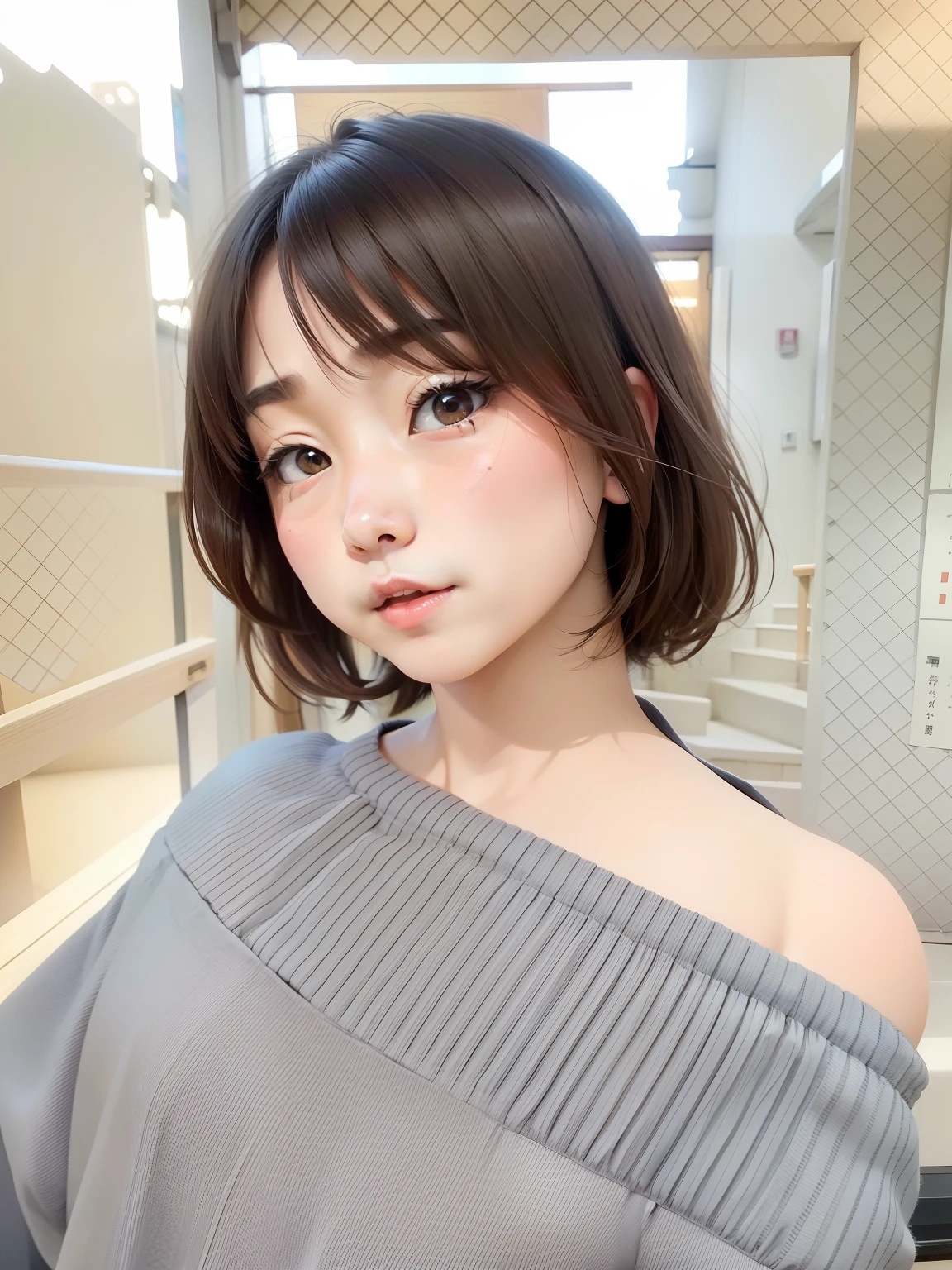 absurdres, (masterpiece, best quality), (ultra-detailed), extremely detailed,super high resolution, (Top Quality photorealistic Illustration), (Super Definition), (best quality,masterpiece:1.0),(cute illustration), (high Saturation), highres, ultra-detailed, 32k,8k resolution, intricate details, cinematic scene, detailed background, Soar (High chroma),(Sparkling),bathroom, depth background, in the sandy beach, ocean, splashing, blue sky, windy, rim light, sunlight, beautiful lighting, strong light,BREAK (1 girl) (kawaii), (cute), Beautiful and delicate eyes, Delicate and beautiful face, Facial accents, Perfect figure,(open shirt, bare breast:1.8), (show off beautiful nipples:1.8), (bare small areolas:1.4), Uniforms、bright expression、short bowl cut、Young shiny shiny white shiny skin、Best Looks、Natural black hair with dazzling highlights、shiny light hair, (short hair:1.6), silky straight hair、Beautiful bangs that shine、Double eyelids、eye liner、Glowing crystal clear attractive big brown eyes,(Very beautiful nice cute Nordic girl:1.6)