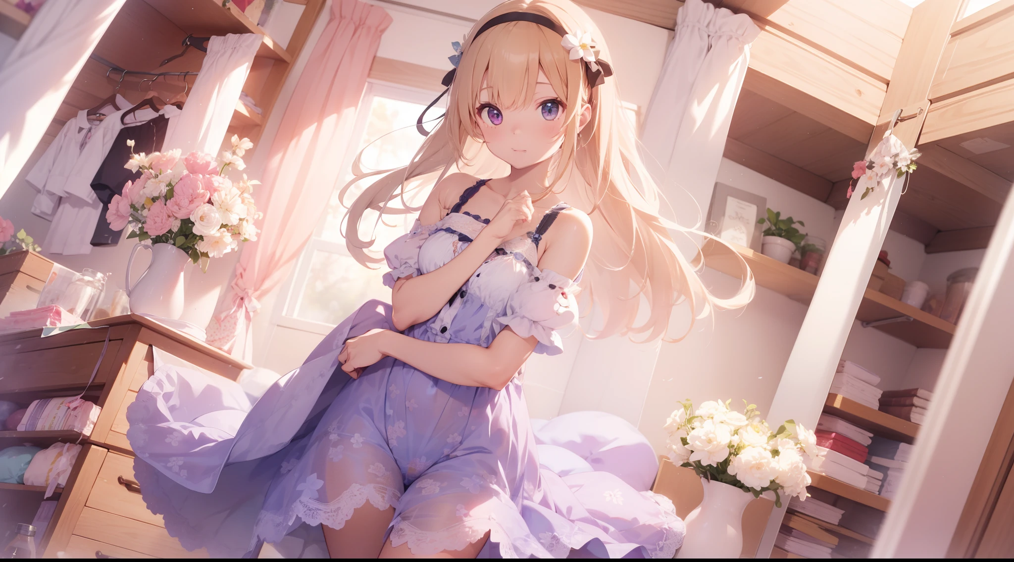 beautiful illustrations, highest quality, pretty girl, 1girl, Bedroom, pastel colour, (two-separated lingerie), cute lingerie, ), bright lighting, sky-blue eyes
