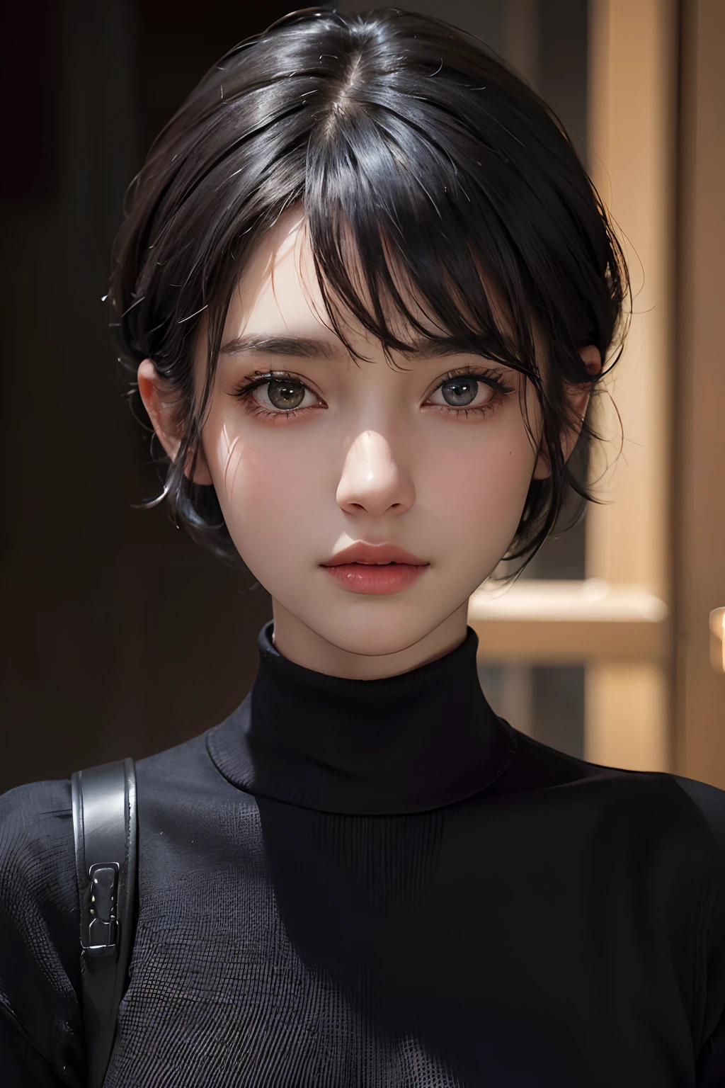 (masterpiece:1.3), (8k, photorealistic, RAW photo, best quality: 1.4), (1girl), beautiful face, (realistic face), (black hair, short hair:1.3), beautiful hairstyle, realistic eyes, beautiful detailed eyes, (realistic skin), beautiful skin, (sweater), absurdres, attractive, ultra high res, ultra realistic, highly detailed, golden ratio