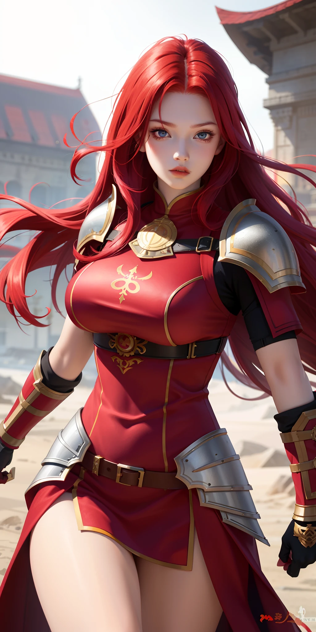 ultra high quality, excellent details, beauty, (red hair:1.5, long hair with ponytail), European woman, big breasts, hot, armor, sexy, 18 years, whole body, (pose sexy), horny look,