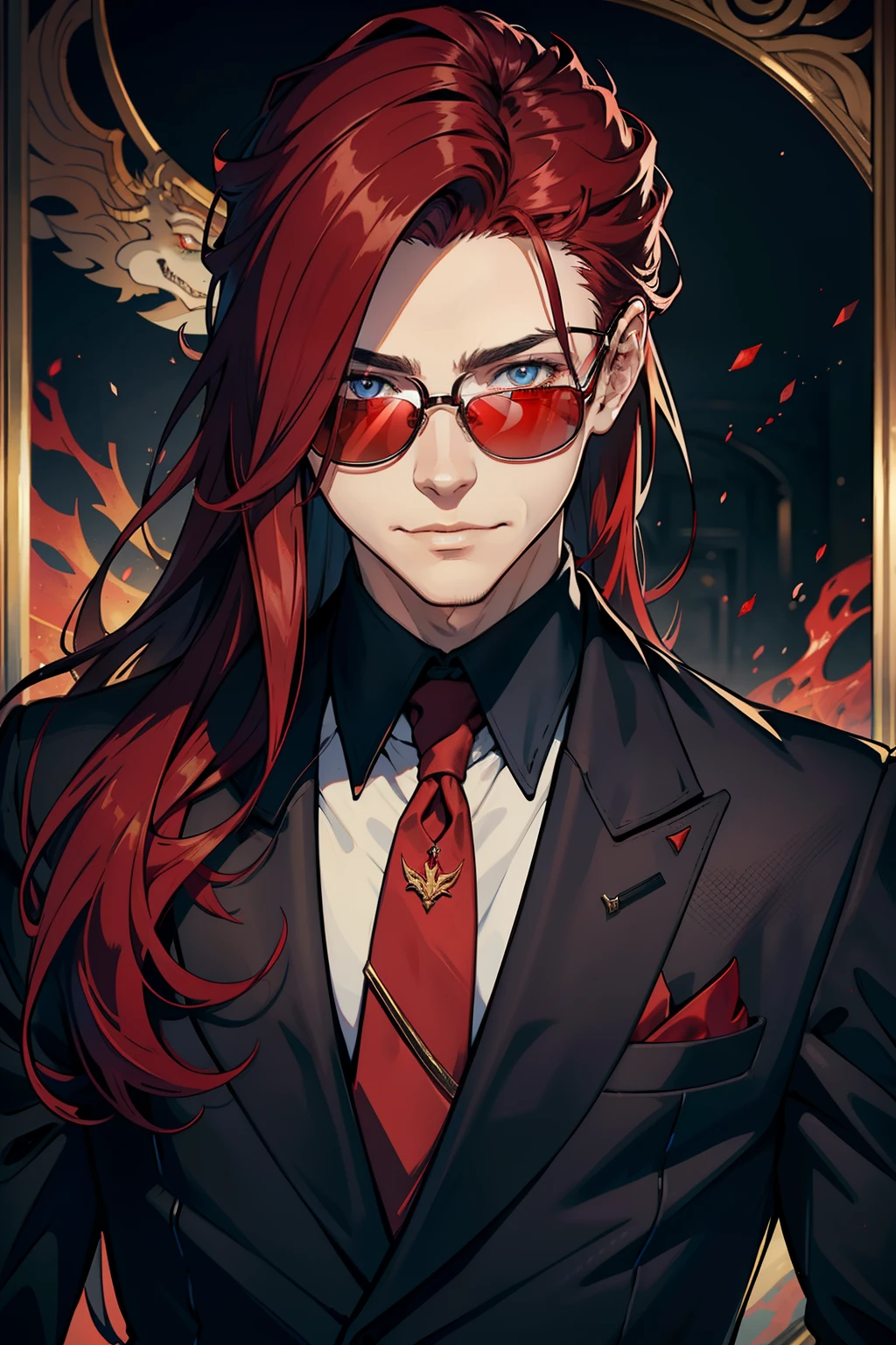 best qualityer,masterpiece,Young men,red tinted hair,long whitr hair,Dragon's horn,red color eyes,There are dragon scales on the face,wears dark glasses,Smile confidently,Business suit