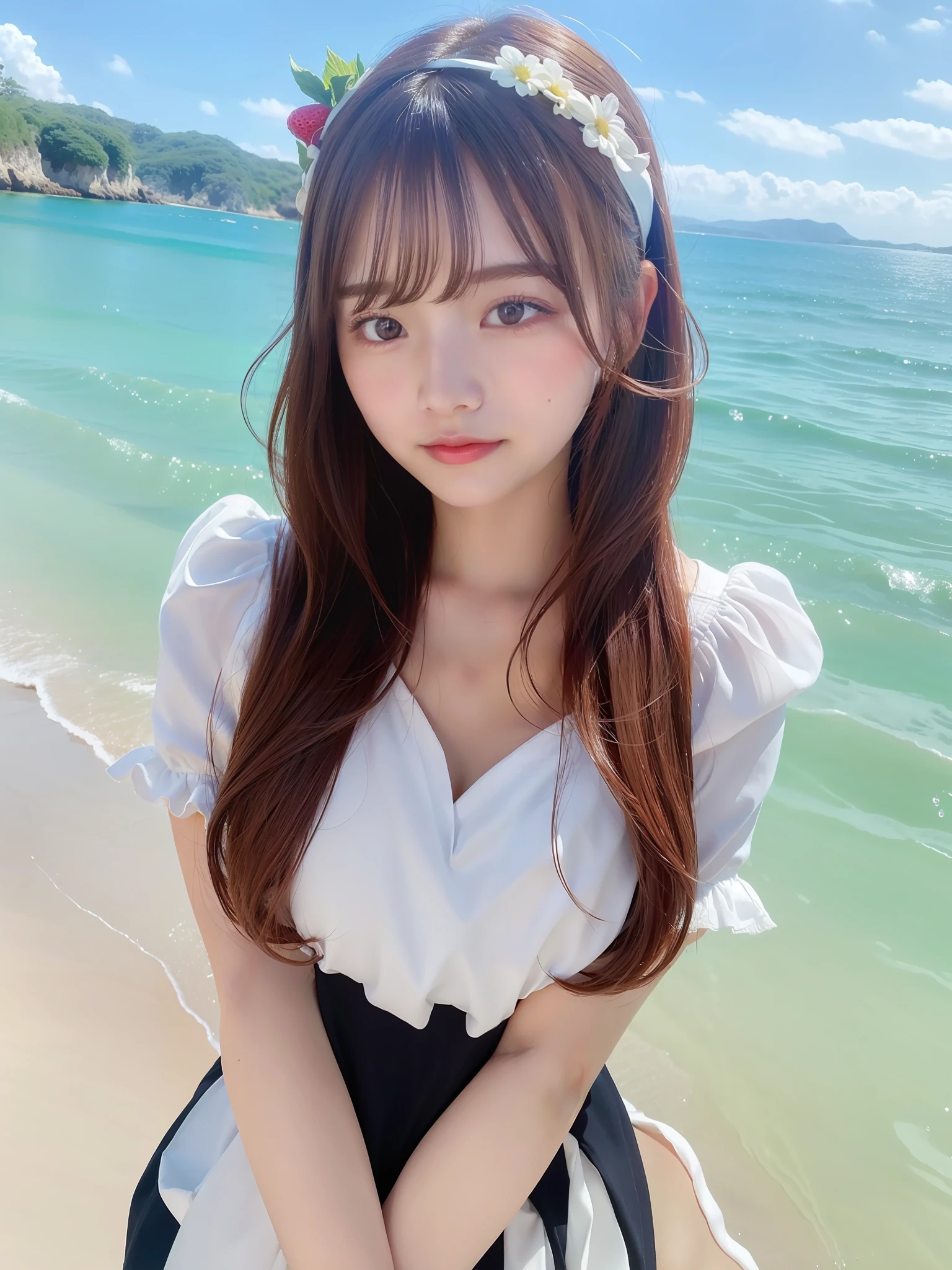 Strawberry Hair Accessories, Long hair, Fair skin, disheveled hair, Open mouth, White tears, Japan Woman, Super Cute, Soft and face, Brown hair, 8K resolution, Ultra-realistic, super definition, Soft body tone buttocks, E Cup ((Highest Definition, 8K, masutepiece: 1.3)), Super Definition Face, Ultra-fine lips, Fine eyes, Double eyelids, pube, playing by the sea, Fun pose, splash water, Good morning greetings, sunny sky, beautiful waves, Beautiful Finger, Take a selfie with iPhone 13 Pro