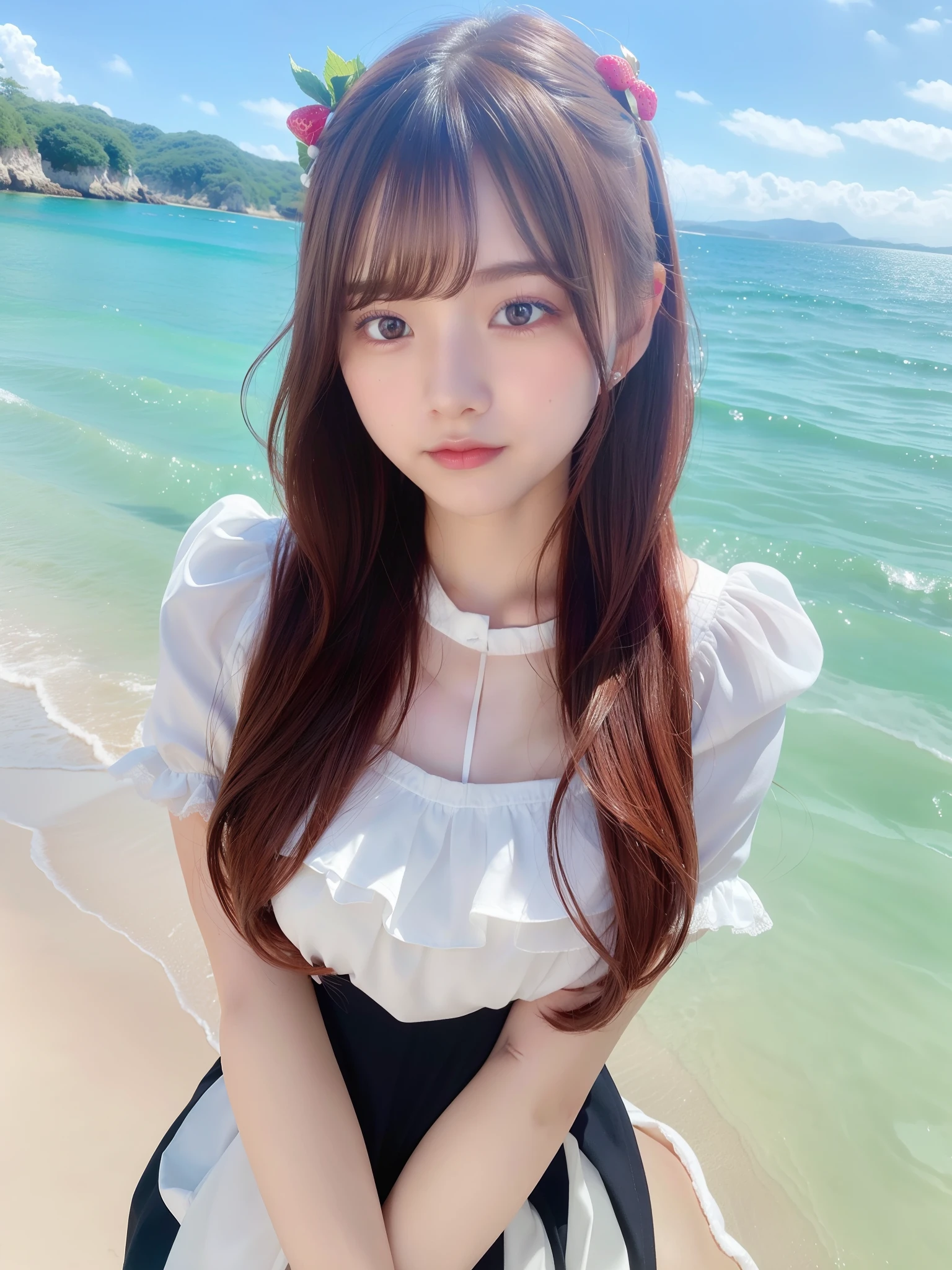 Strawberry Hair Accessories, Long hair, Fair skin, disheveled hair, Open mouth, White tears, Japan Woman, Super Cute, Soft and face, Brown hair, 8K resolution, Ultra-realistic, super definition, Soft body tone buttocks, E Cup ((Highest Definition, 8K, masutepiece: 1.3)), Super Definition Face, Ultra-fine lips, Fine eyes, Double eyelids, pube, playing by the sea, Fun pose, splash water, Good morning greetings, sunny sky, beautiful waves, Beautiful Finger, Take a selfie with iPhone 13 Pro