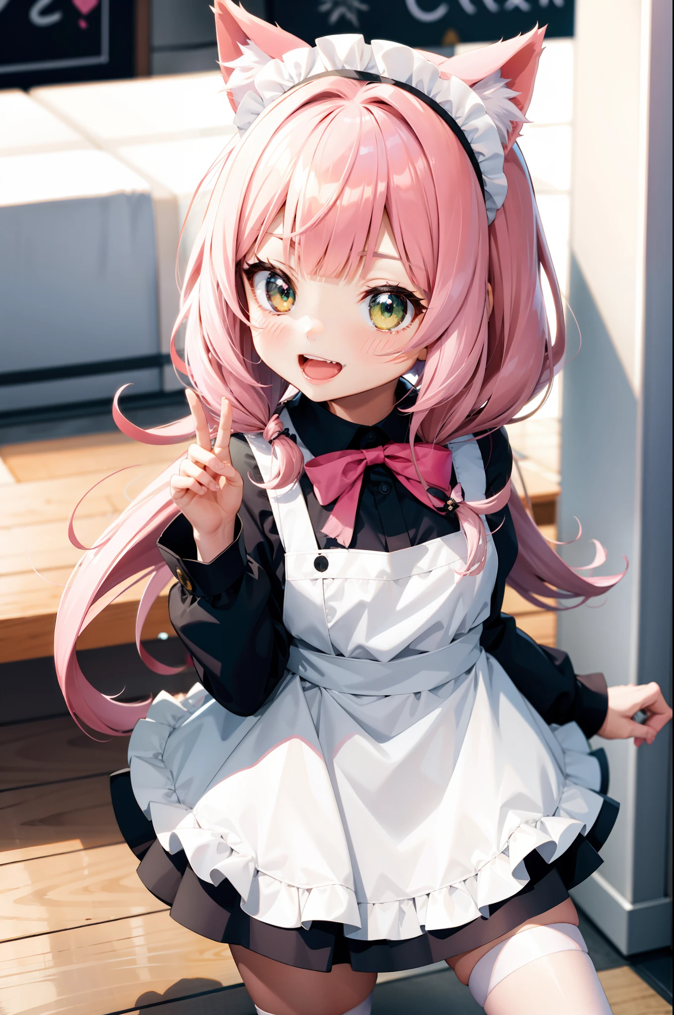 1 cute girl with cat ear and cat tail, extremely beautiful detailed anime face and eyes, animated, ,child,ars olir, wavy hair, blunt bangs, pink hair, ahoge, snowflakesdetailed cute anime face, smile, lovely big eyes, fang, medium_breasts, green eyes, white skin, maid_headdress, maid, pink Clothes,
coffee shop?
