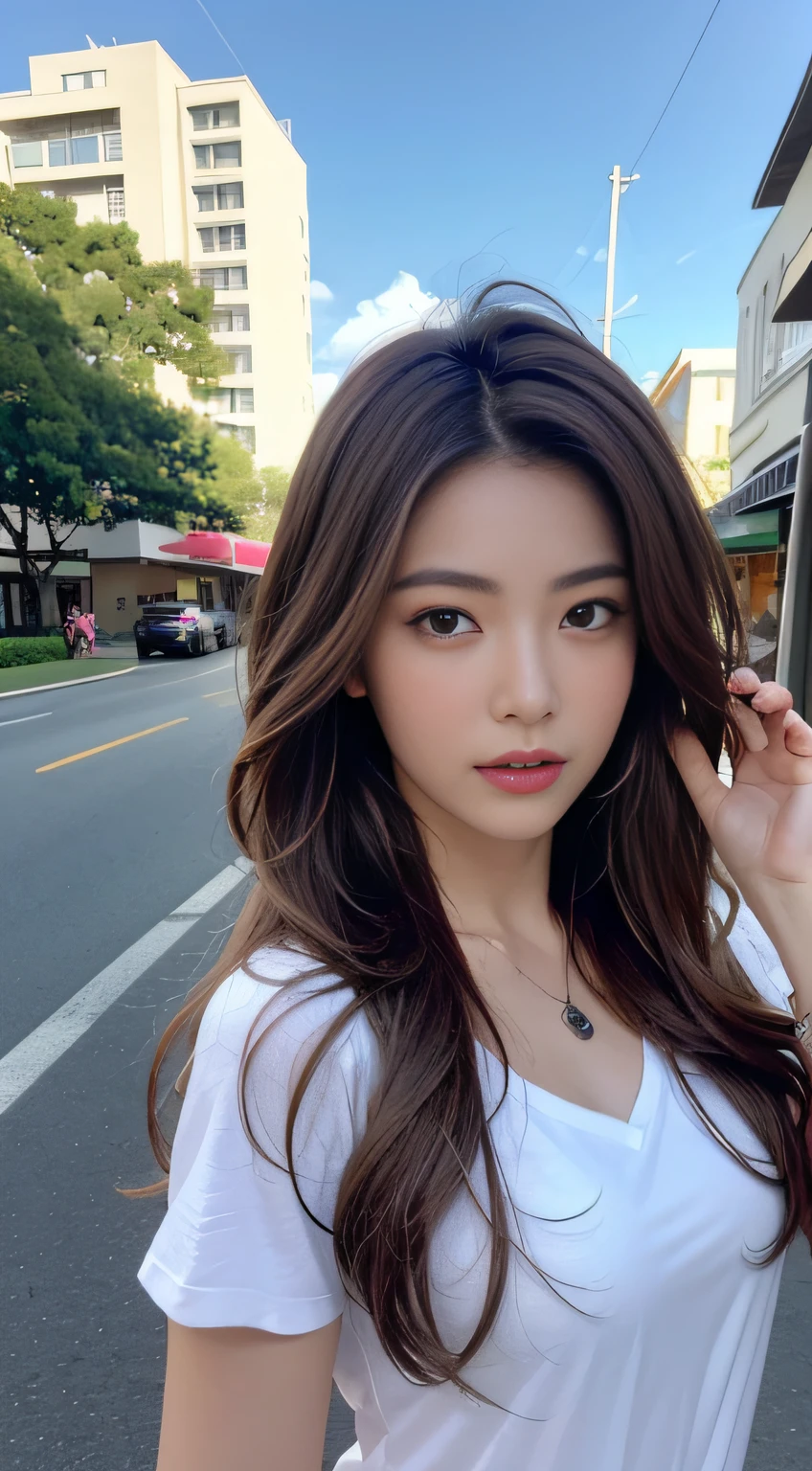 ((Realistic Lighting、The Highest Quality、8K、master masterpiece:1.3))、Clear Focus:1.2、1人の女の子、Perfect Body Beauty:1.4、Slim abs:1.1、total body、((darkbrown hair、big,,:1.3))、(Acceleration:1.4)、(out door、NIGHT:1.1)、View of Waikiki Beach、Slender face、fine eyes、Double Eyelid、poses of fashion models、Floating hair、Plumeria hair ornament、T‐shirt、Pendants、