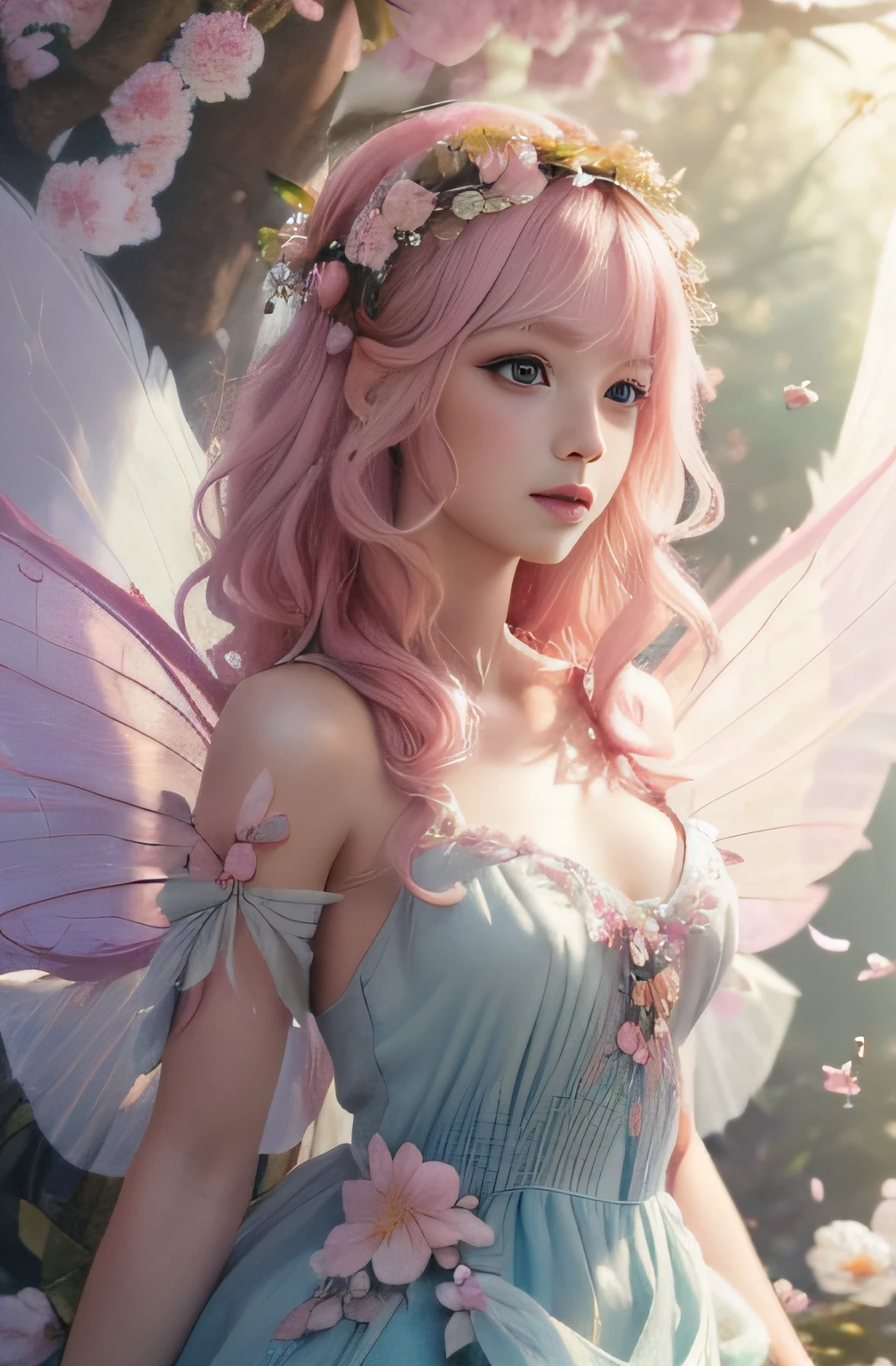 The colors in this image are soft and draw inspiration from gentle watercolors and should be (((primarily pink and purple))). Generate a delicate and tranquil flower fairy with soft hair dancing in the wind and intricately braided. Her sweet, gentle face has puffy, big lips and stunning, highly realistic eyes. She has beautiful detail eyes, beautiful detailed eyes, realistically shaded eyes in vibrant colors. ((She is wearing a delicate ((fairy dress)) of clouds, gossamer silk, and satin.)) She is surrounded by ethereal flowers of varying sizes and colors. The background is wild and unruly, with delicate flowers dancing in the wind and creating a dynamic and compelling image. A flowered headdress adorns her head and soft petals fall around her. The flowers in this artwork are realistic and very detailed and come in different shapes and sizes. Include a soft watercolor sky. Include realistic hair and skin texture. Include fantasy details, enhanced details, colorful glittering wind, and pollen. ((Pay special attention to her face and make sure it is sweet and realistically detailed.)) (((((The image should be dreamy and ethereal.))))) Include intricate fantasy details. 8k, intricate, elegant, highly detailed, majestic, digital photography, art by artgerm and ruan jia and greg rutkowski surreal painting pearl butterfly filigree, flower petals, (masterpiece, finely detailed beautiful eyes: 1.2), hdr, realistic skin texture, ((ornate)), ((intricate)), ((fantasy00d:1.2)), rays of light, (add details), (((highly detailed butterflies))), translucent butterflies, ornate flowers, dew drops, sunlight, rays of sun, ((((sweet, virgin, pure)))). A soft pink haze should emphasize this artwork's dreamy etherealness. (Best Quality, Masterpiece), 1girl, Pose, Particle, Wind, Flower, Upper Body, Pink and White Color Scheme, Flower Fairy, Wings, Forest, Butterfly