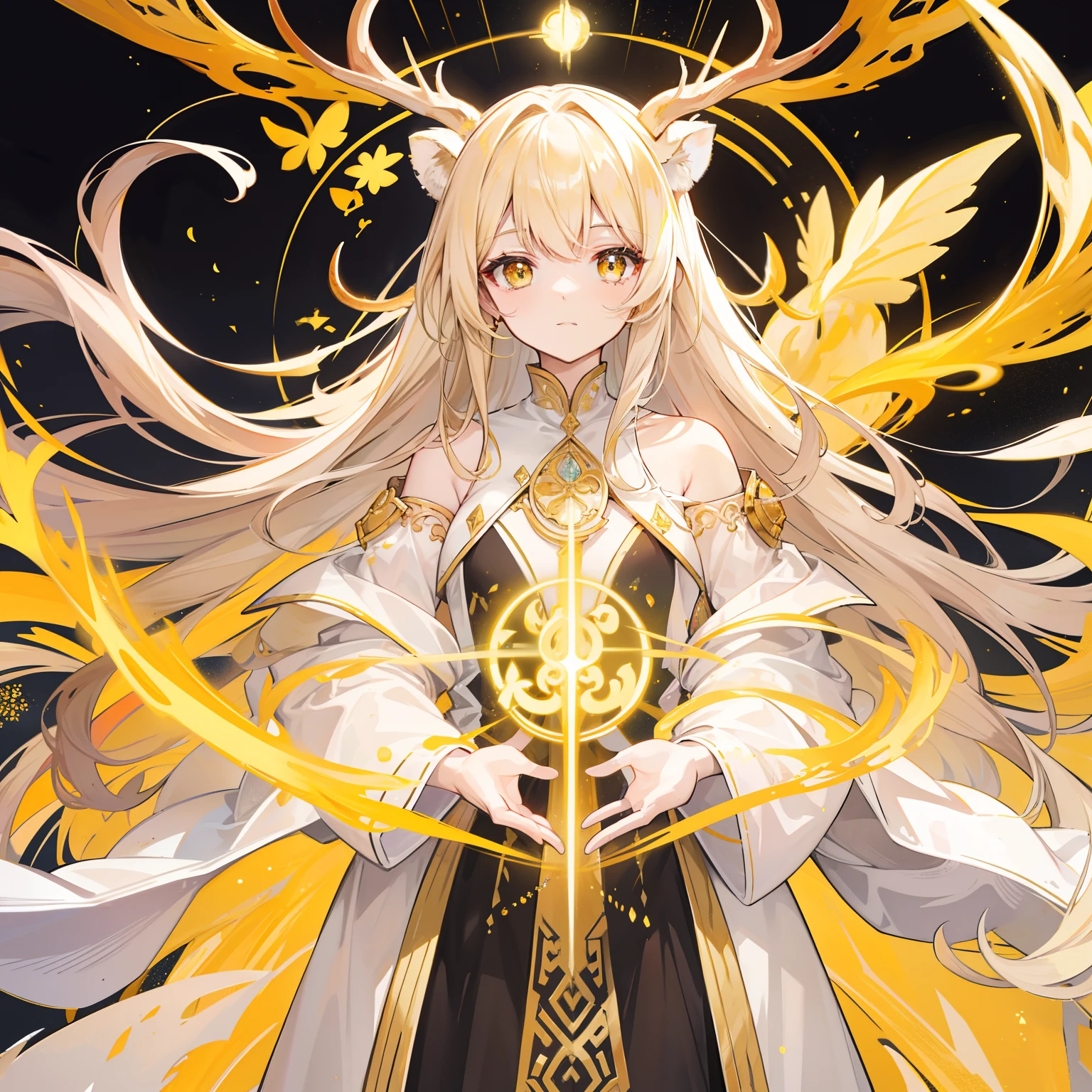 The Title Douluo Continent with multiple golden soul rings，It's a beautiful sister，Yellow, gold, and white color scheme，It is called the golden horned deer