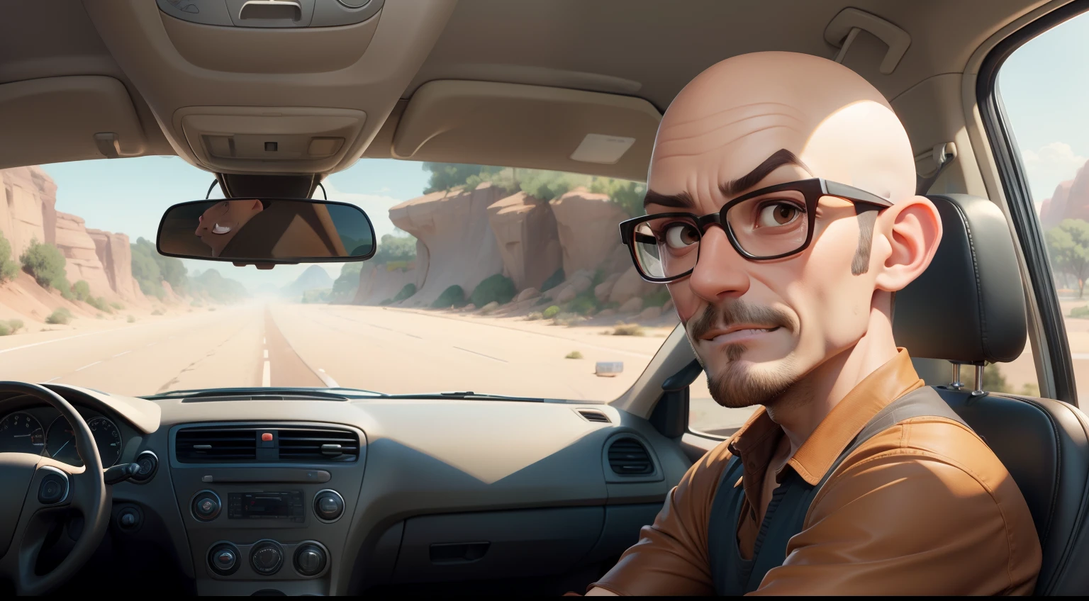 bald man, no hair , wearing glasses, no beard, brown clothes , Driving car kombi,looking to road, pixar disney cartoon style