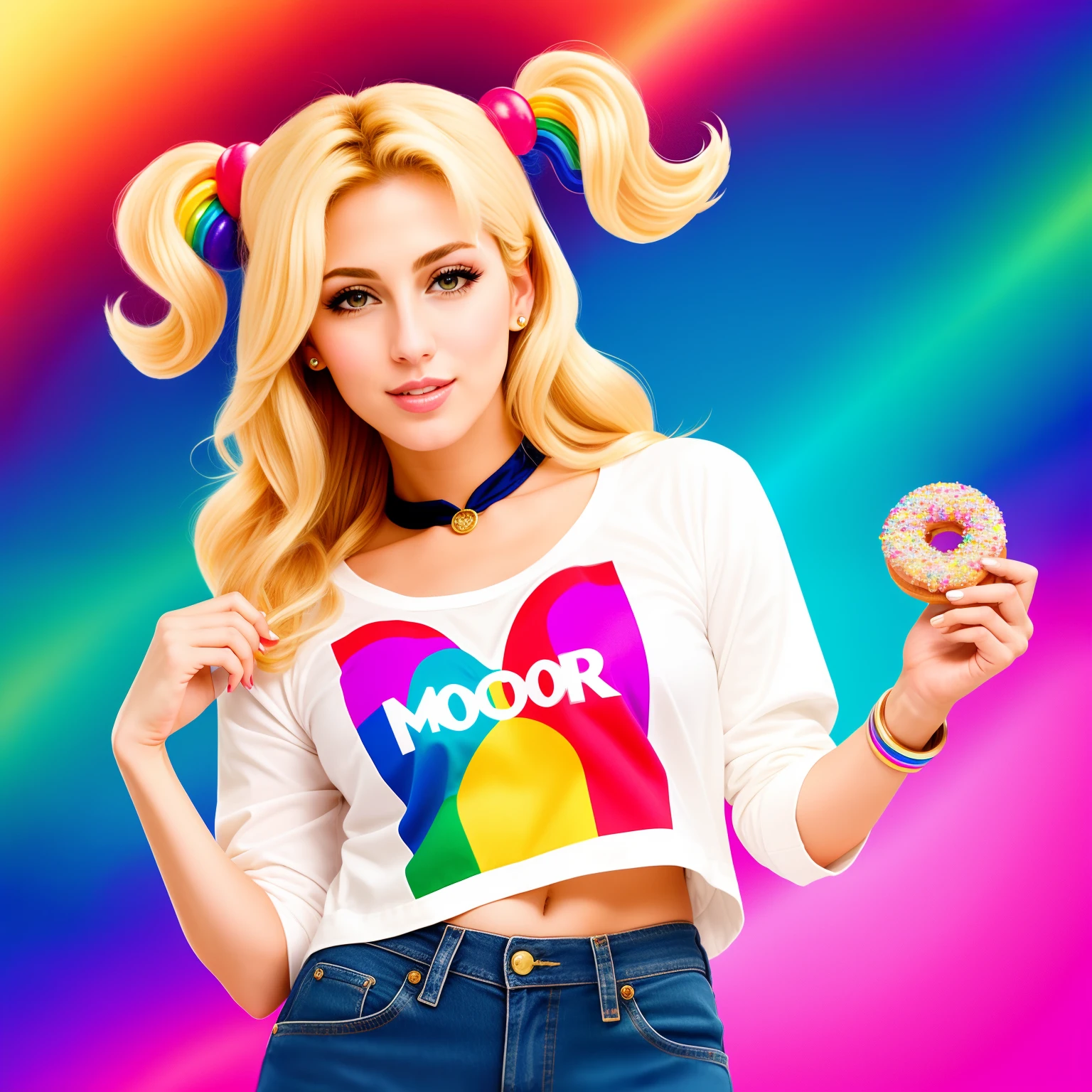 "(Mature and realistic portrayal:1.2) Sailor Moon exuding confidence as she holds a microphone, her blonde hair cascading down, adorned in stylish rainbow denim clothes from the 2000s, with a backdrop filled with donuts."