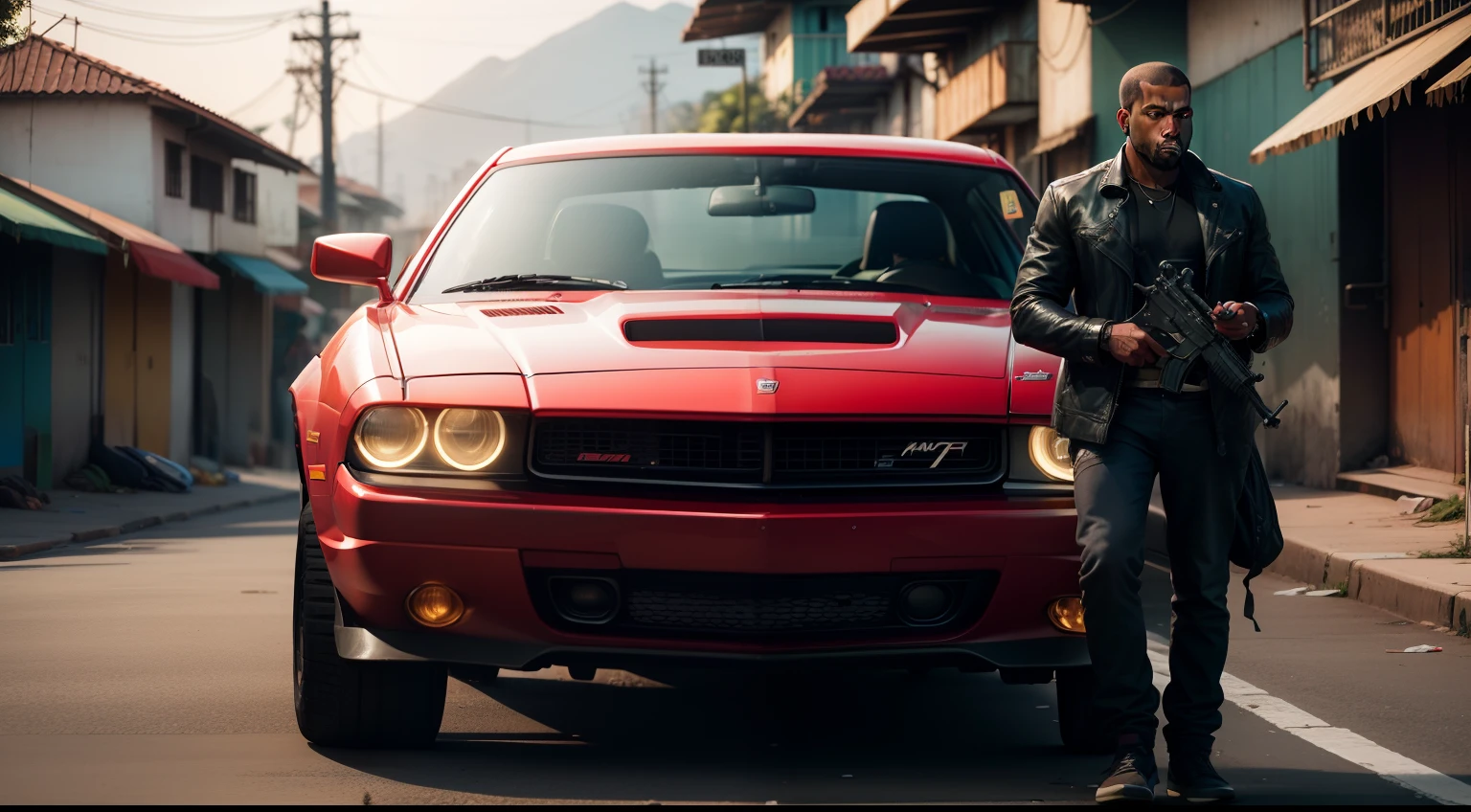 there is a man, gta personagem, Como o protagonista de GTA 5, gta v estilo, como um personagem gtav, Kanye West em GTA v, em gta v, gta5 estilo, gta v personagem, empunhando fuzil de assalto, gta 5 tom de pele negra, em GTA v, jaqueta vermelha,Fuzil AK-47, Fundo da favela do estilo brasileiro, e o personagem de cabelos vermelhos,Favela no Brasil, carro preto,Dodge Challenger preto ,with Ak-47 rifle in hand, rifle in hands,vehicle,preto