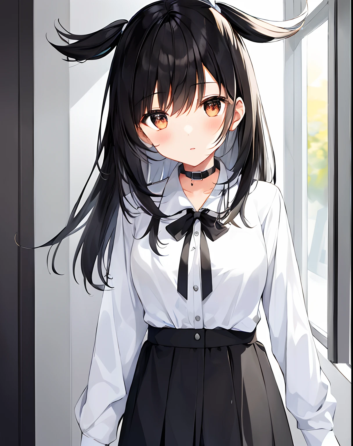 A girl with,Black hair,Hair ribbon,Collar shirt,