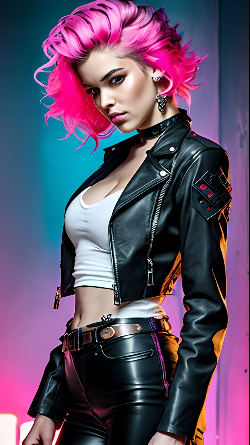 Beautiful woman, vigilante, dyed pink hair, sexy leather clothes, long breasts, cyberpunk style, realistic detailed, close, portrait, bad ass, punk rock, rebel, sexy, full body shot