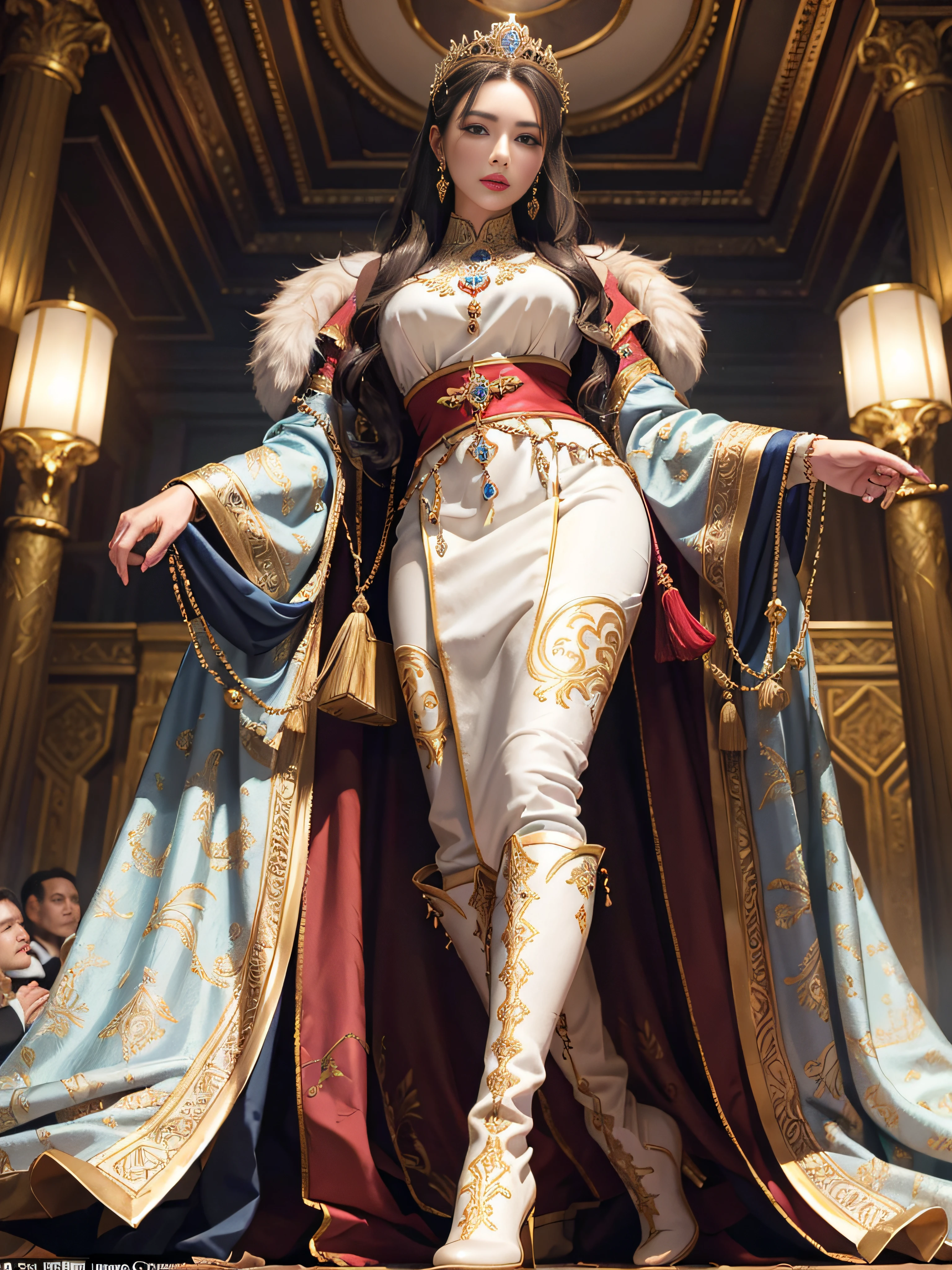 a mature female,Queen temperament,queen,Glamorous,Raised sexy,tmasterpiece,best qualityer,Hyper-detailing,Fine and detailed eyes and detailed face, garments:Wearing royal Han clothes,ancient wind,Wear boots,allure:Tall and tall,Apply lipstick,Tall,haughty、Cold,Scenes:Inside the ancient royal palace